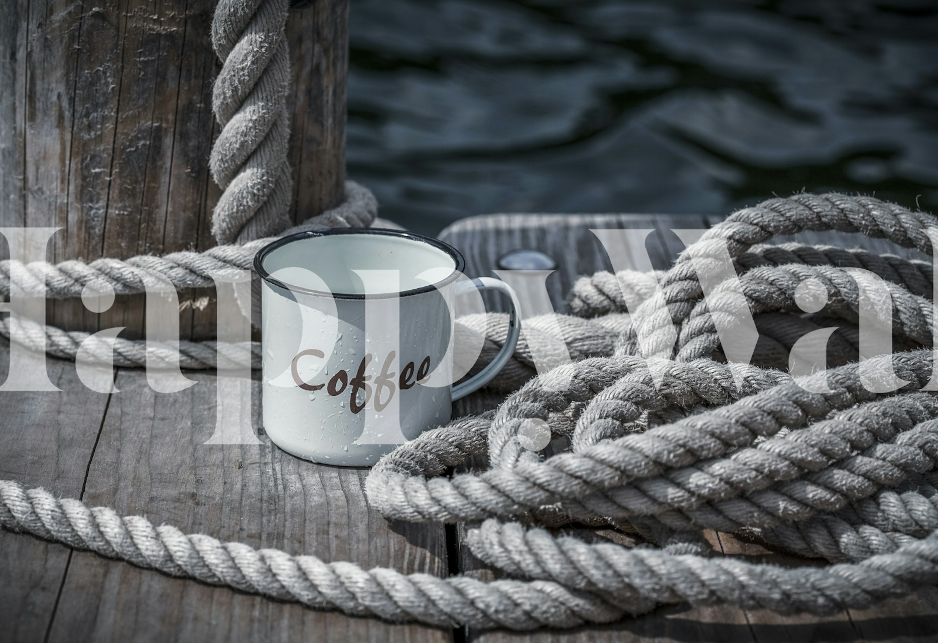 Coffee mug and rope on wood background wallpaper