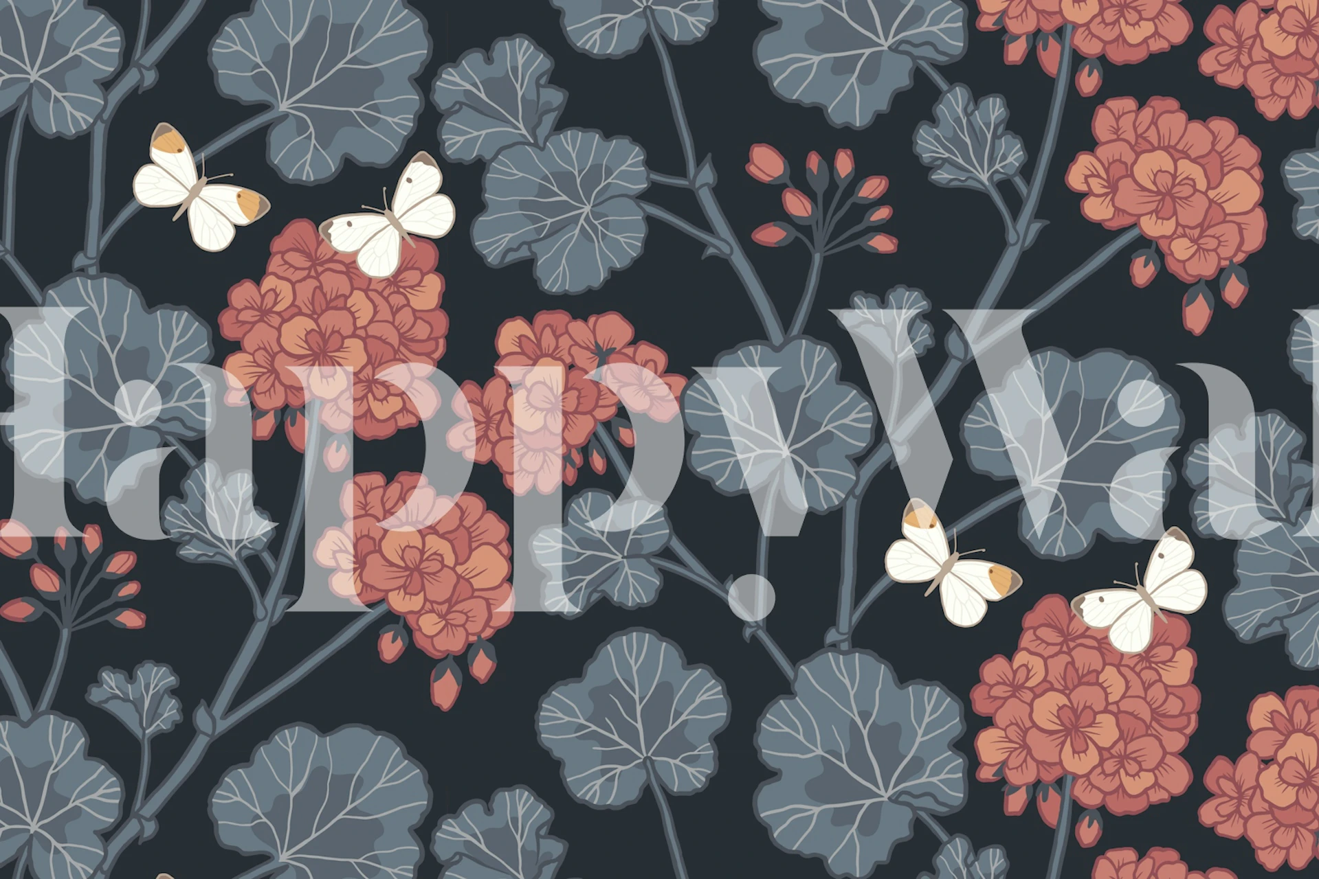 Floral pattern with blue flowers and butterflies on dark background wallpaper