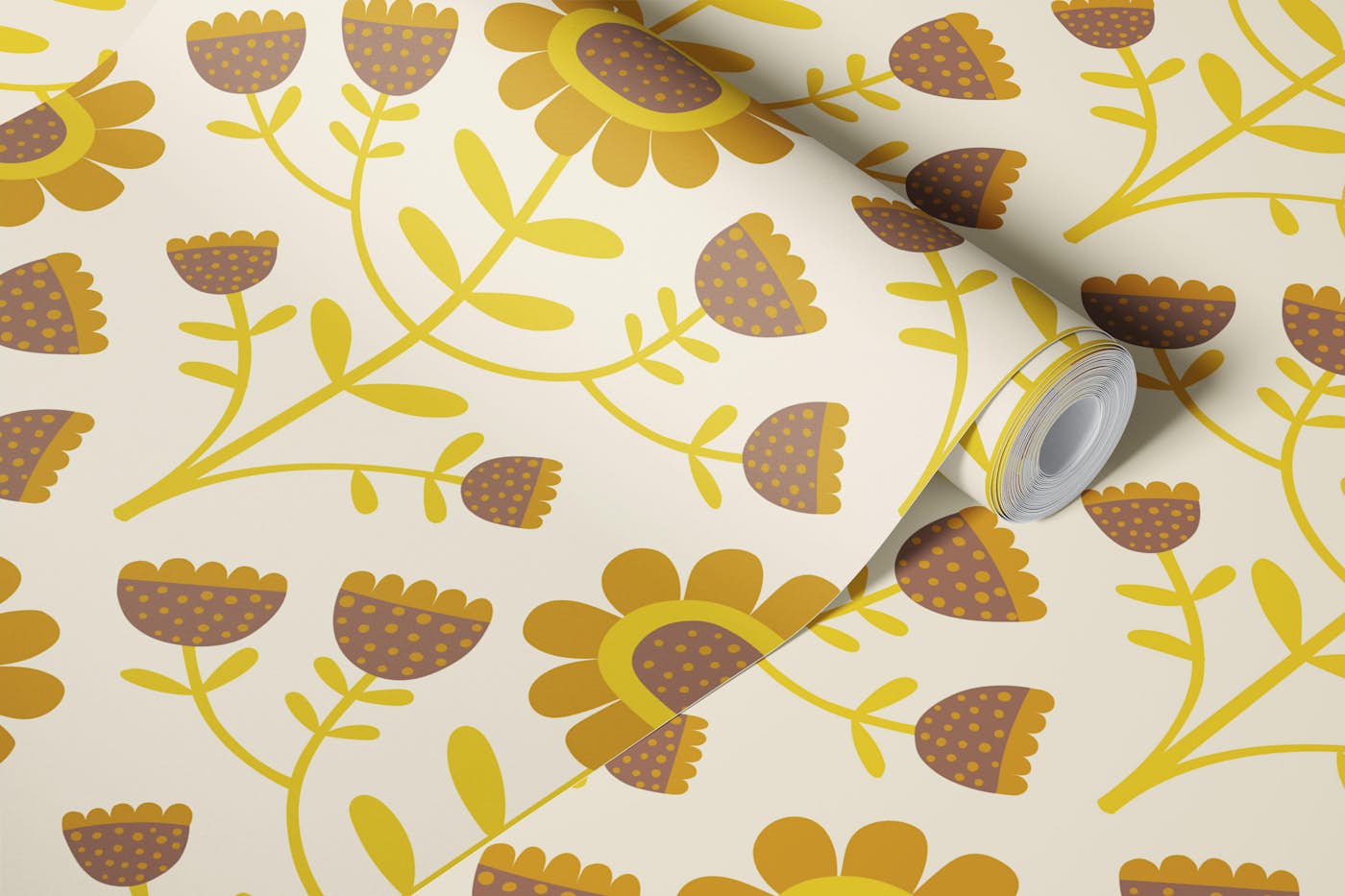 Retro Sunflower Fans - Mustard Cream - Medium wallpaper roll