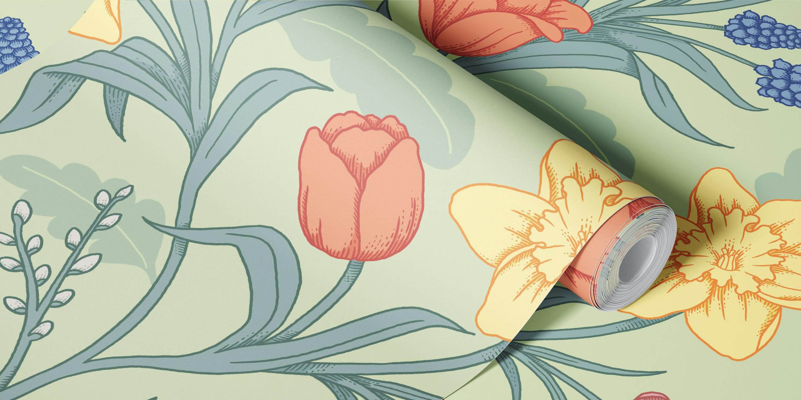 Floral wallpaper featuring yellow and pink flowers with green leaves on a blue background