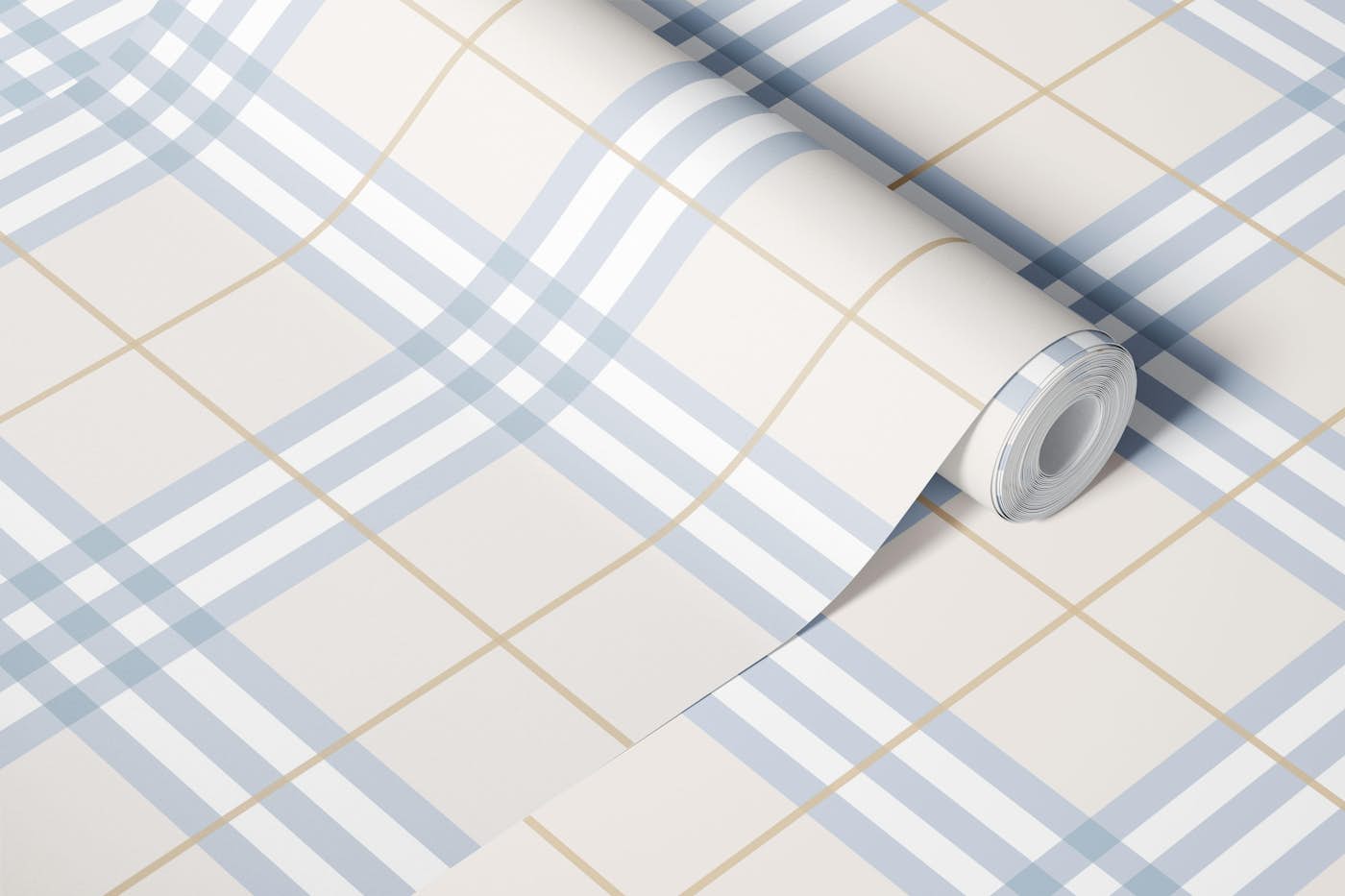 Modern Urban Tartan in Powder Blue and Beige wallpaper roll
