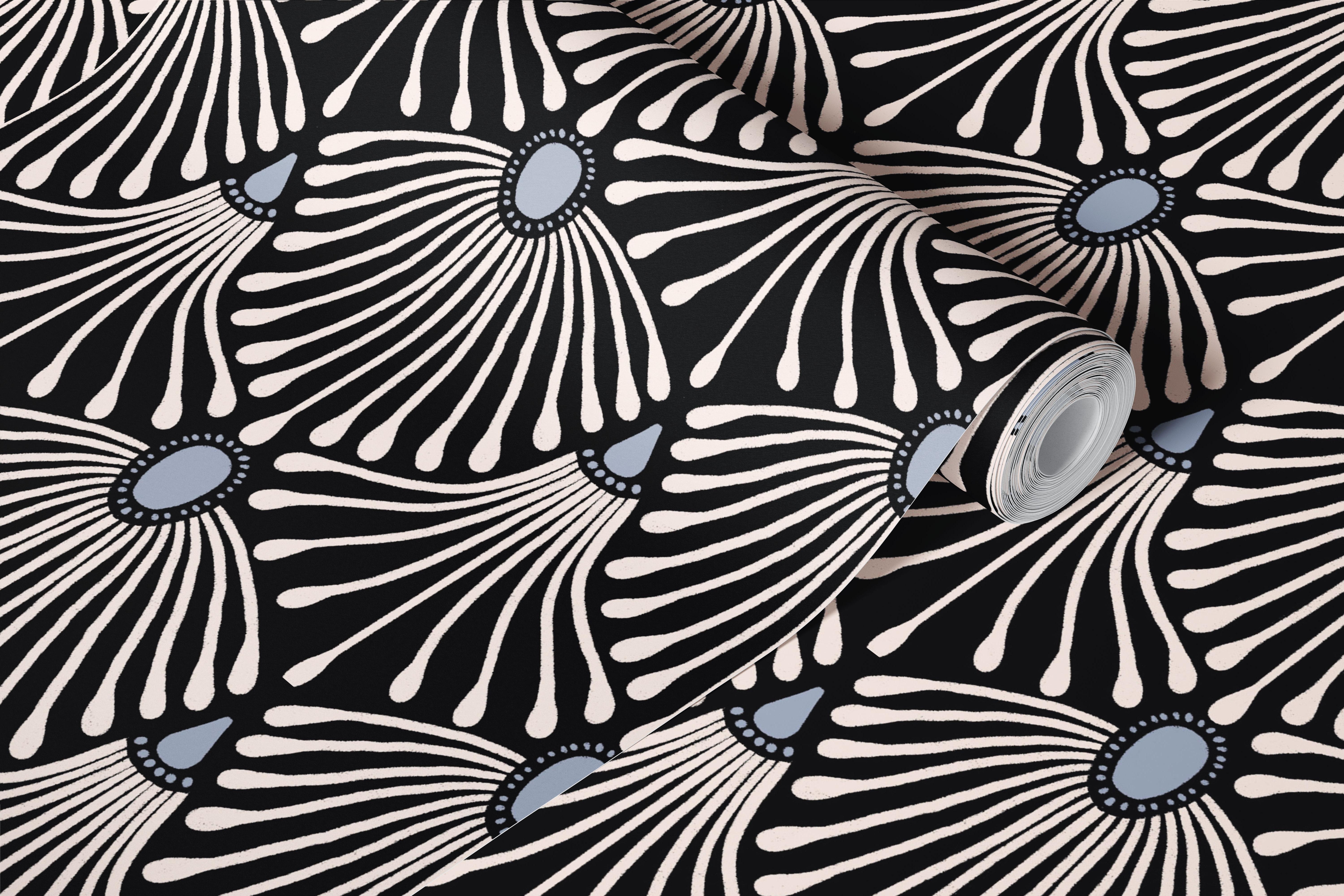 Art deco black and white wallpaper with elegant lines and shapes.