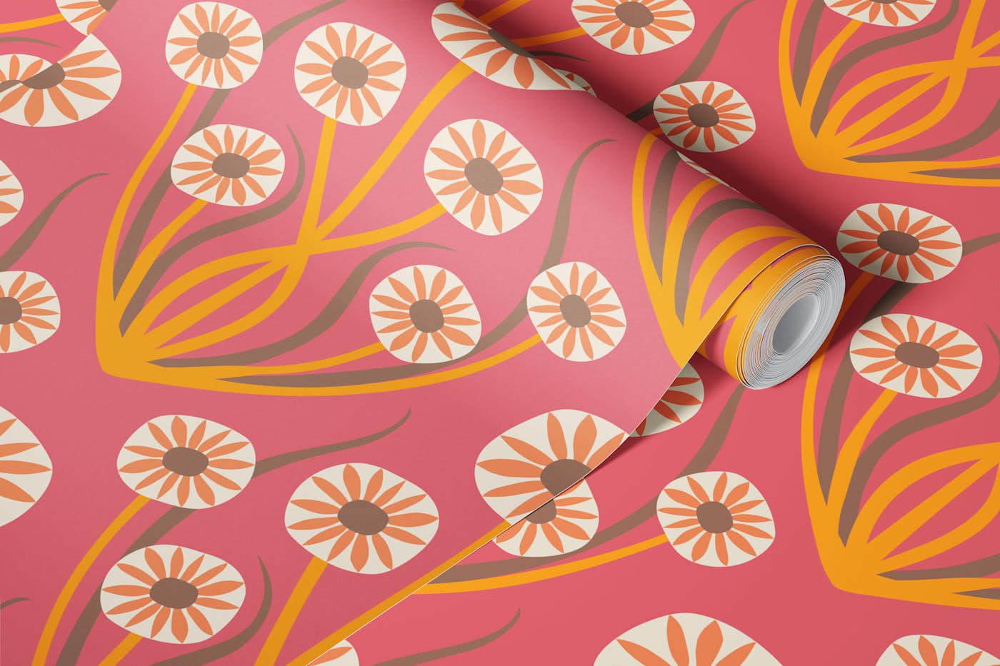 Retro Daisy Symmetry - Cream peach pink - MS wallpaper roll