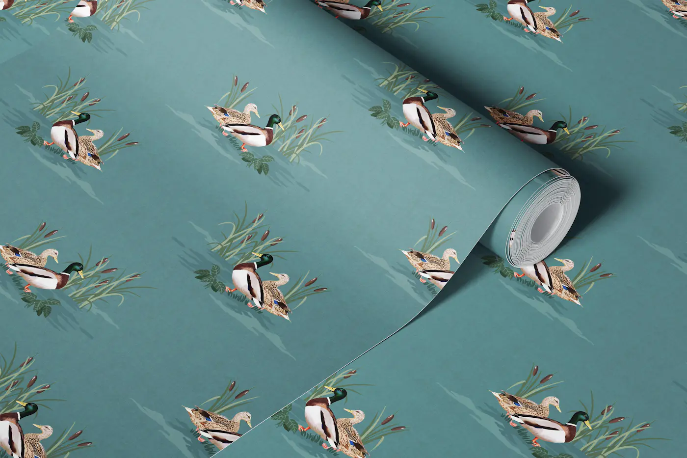 Country Ducks - Deep Teal Blue wallpaper roll