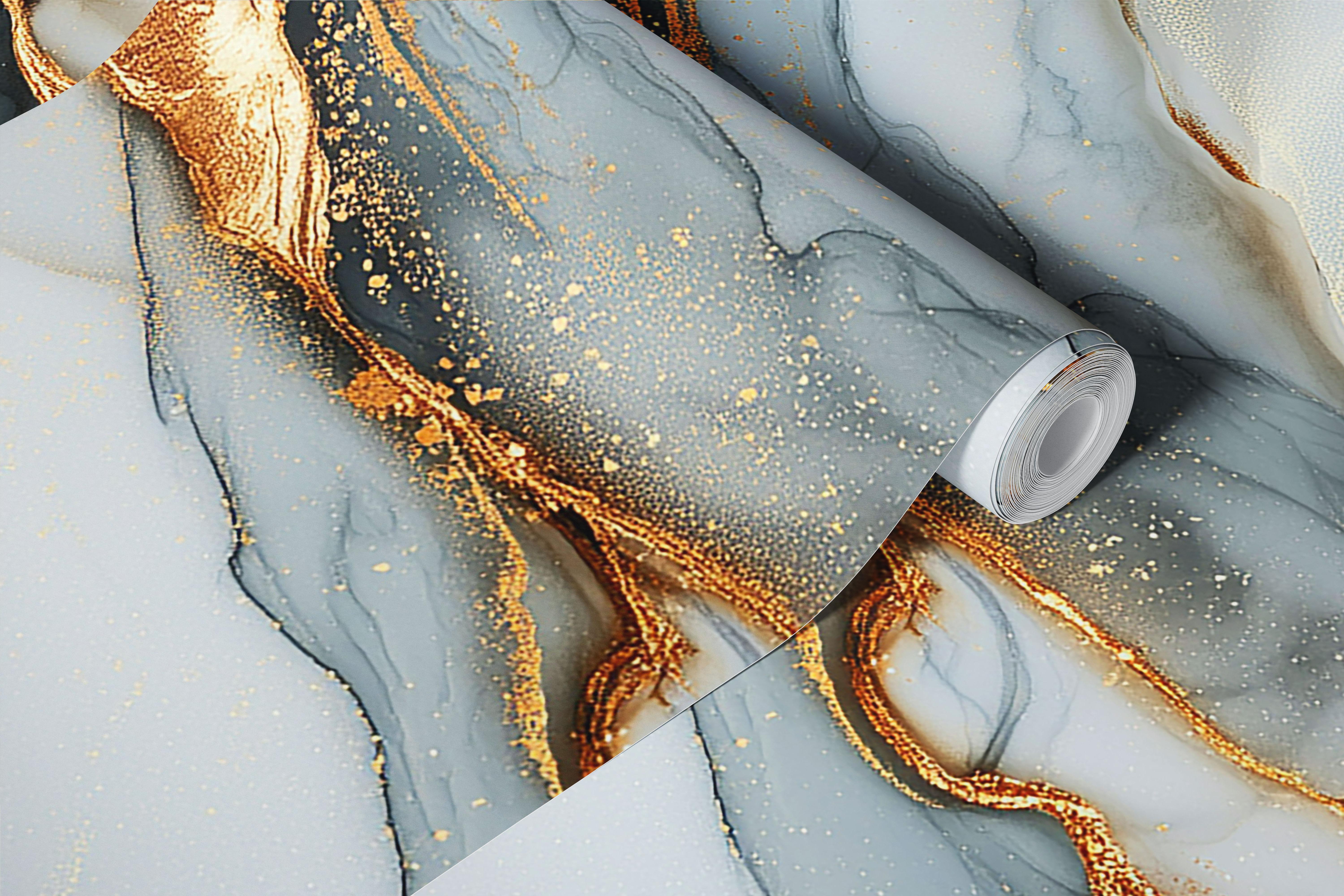 Gold marbling design on light grey wallpaper