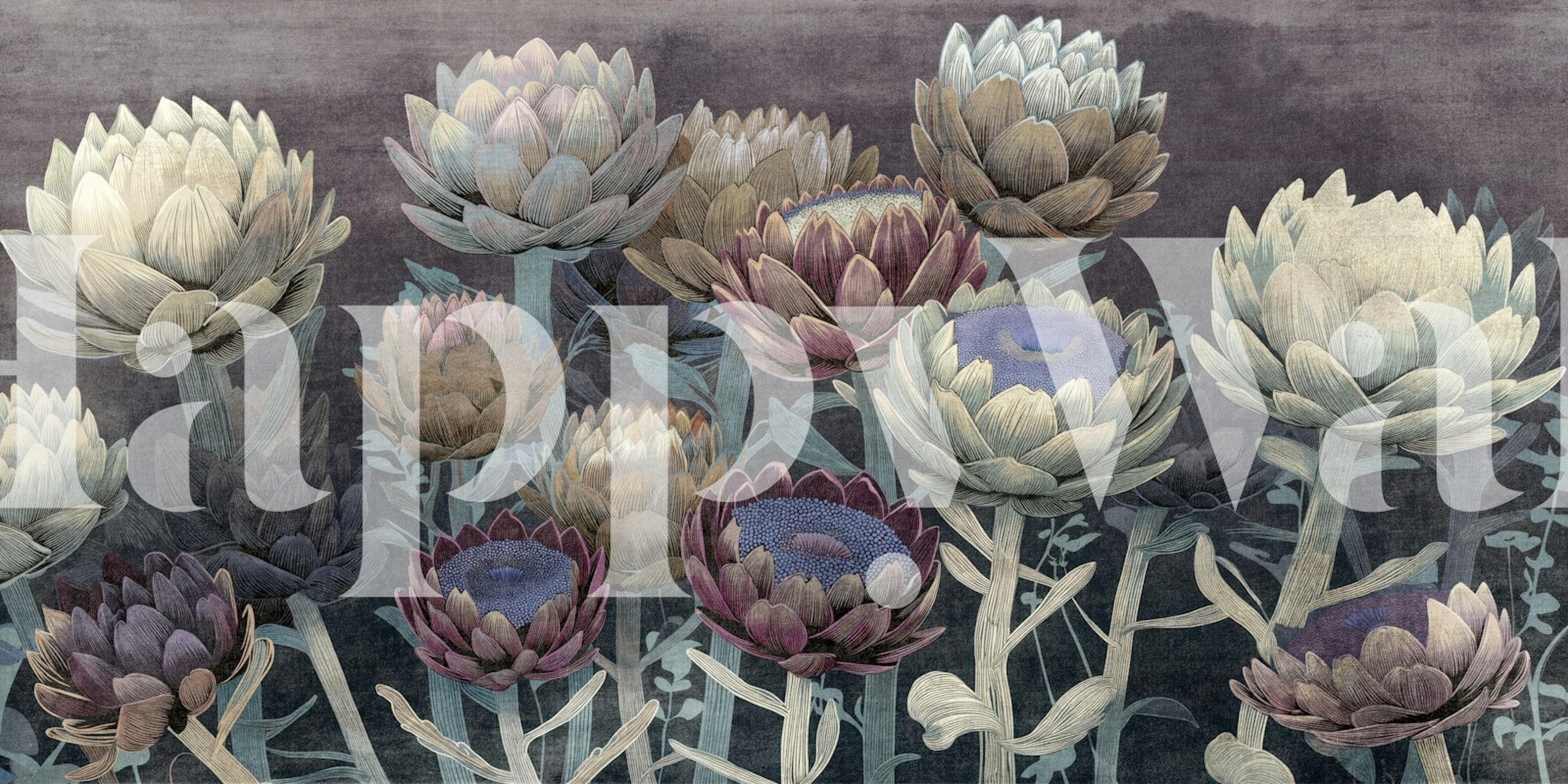 Floral motifs with soft gray and purple colors in an elegant wallpaper design
