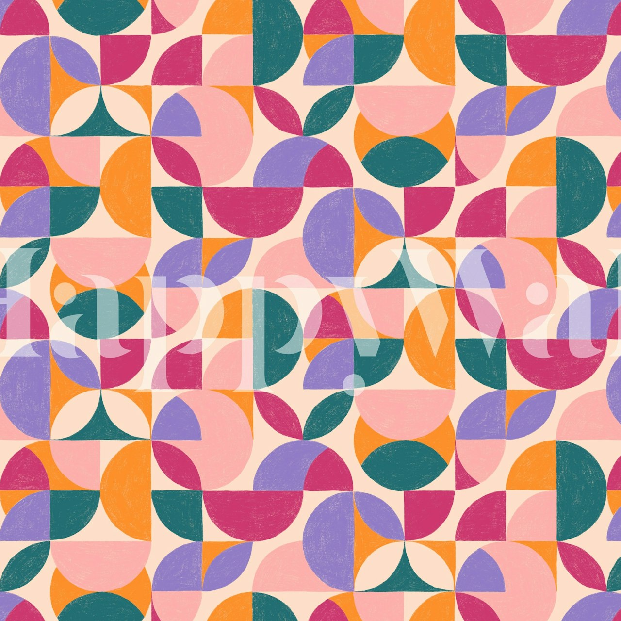 Design de papel de parede Playful Circle Mosaic em um quarto