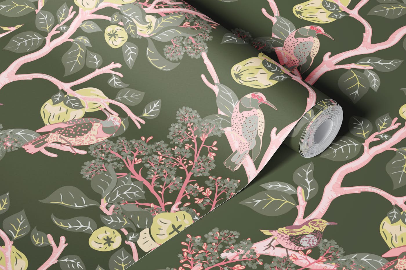 Woodpeckers in Green wallpaper roll