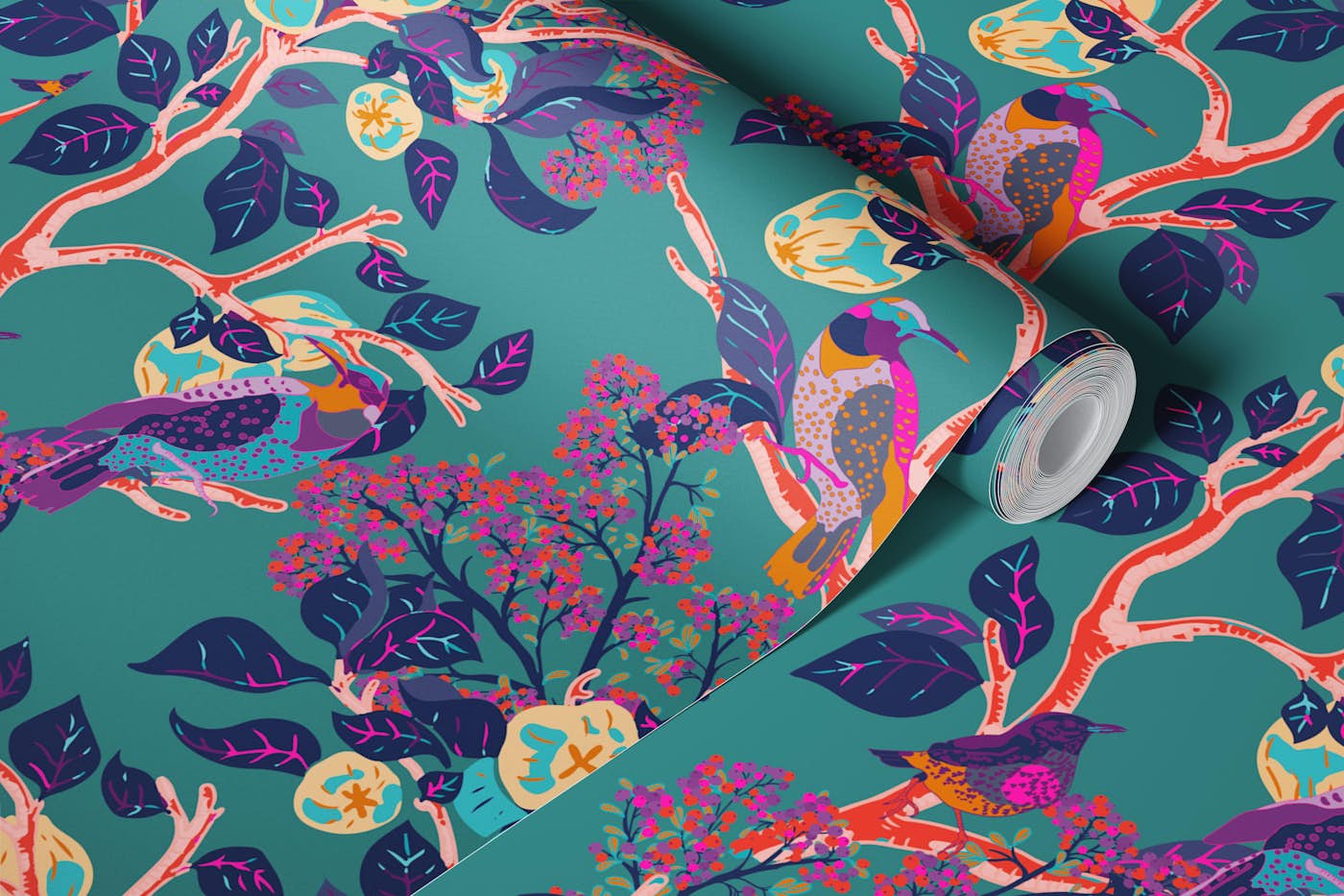 Woodpeckers Bright Against Teal wallpaper roll