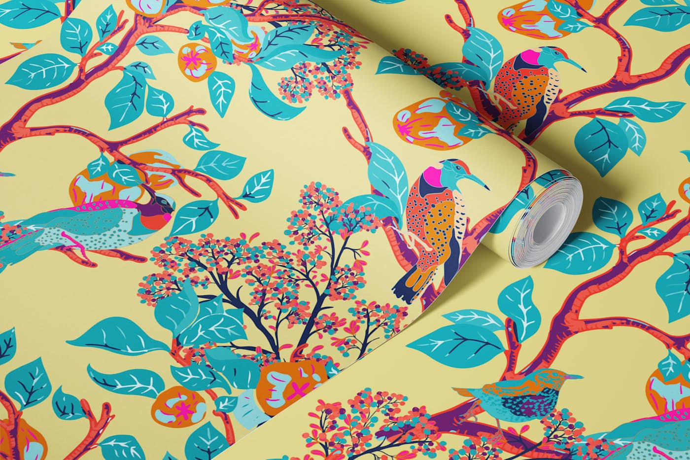 Woodpeckers in Yellow wallpaper roll