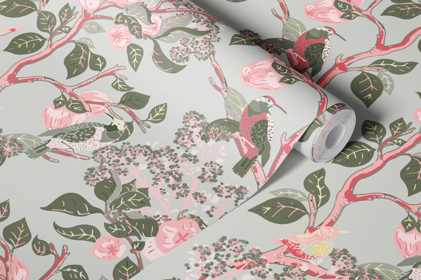 Woodpeckers in Grey and Pink wallpaper roll