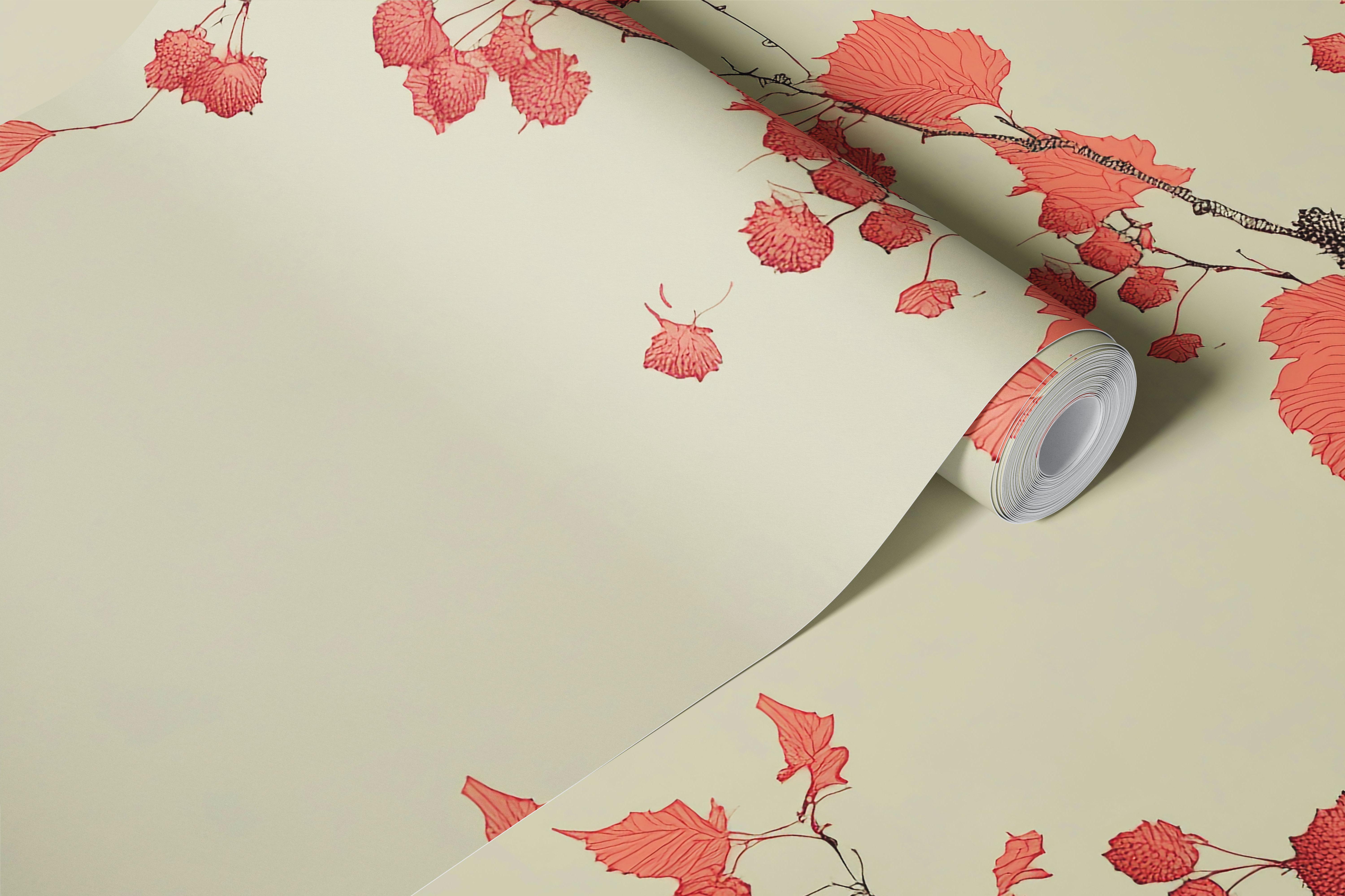 Teapot surrounded by autumn leaves on a beige background wallpaper