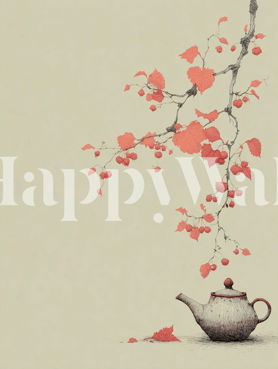 Teapot surrounded by autumn leaves on a beige background wallpaper