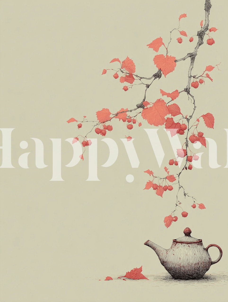 Teapot surrounded by autumn leaves on a beige background wallpaper