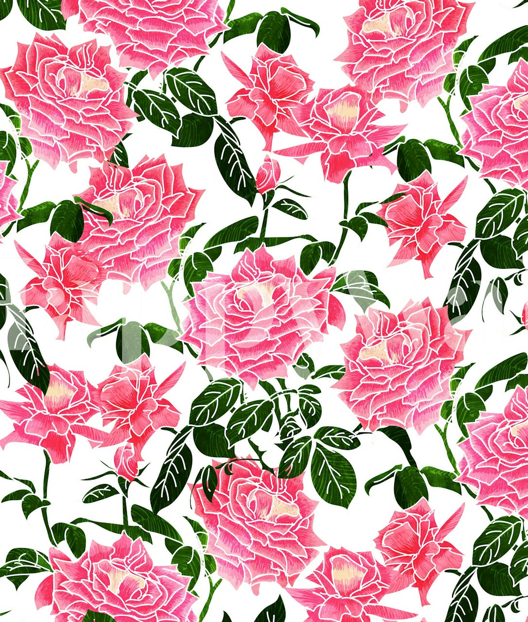 Pink roses with green leaves floral wallpaper