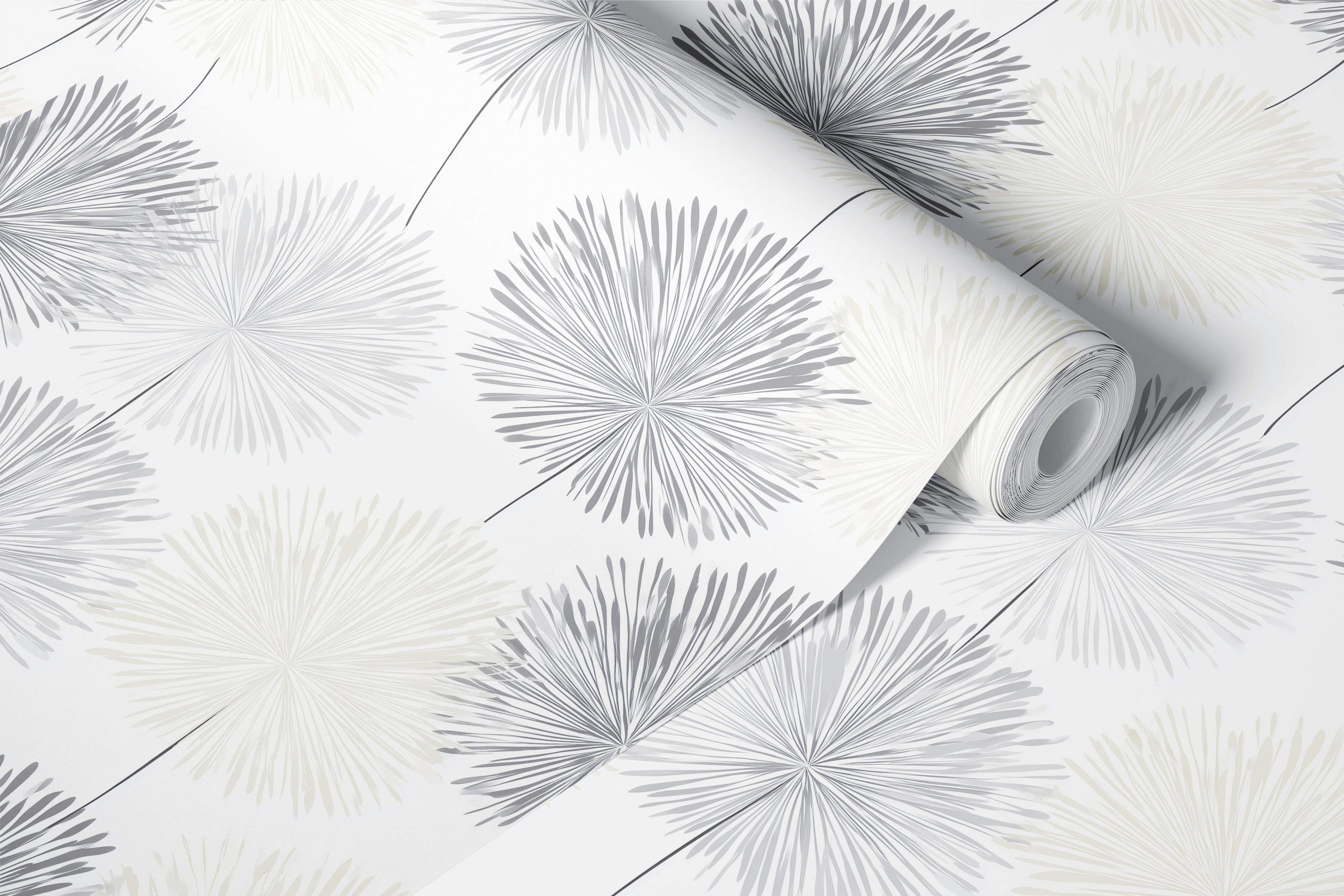 Black and white dandelion style floral pattern wallpaper