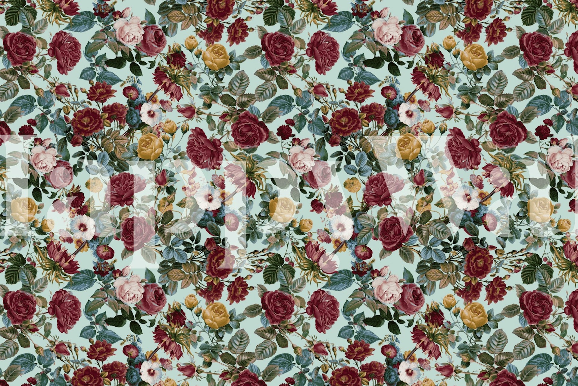 Floral rose pattern in pastel blue wallpaper