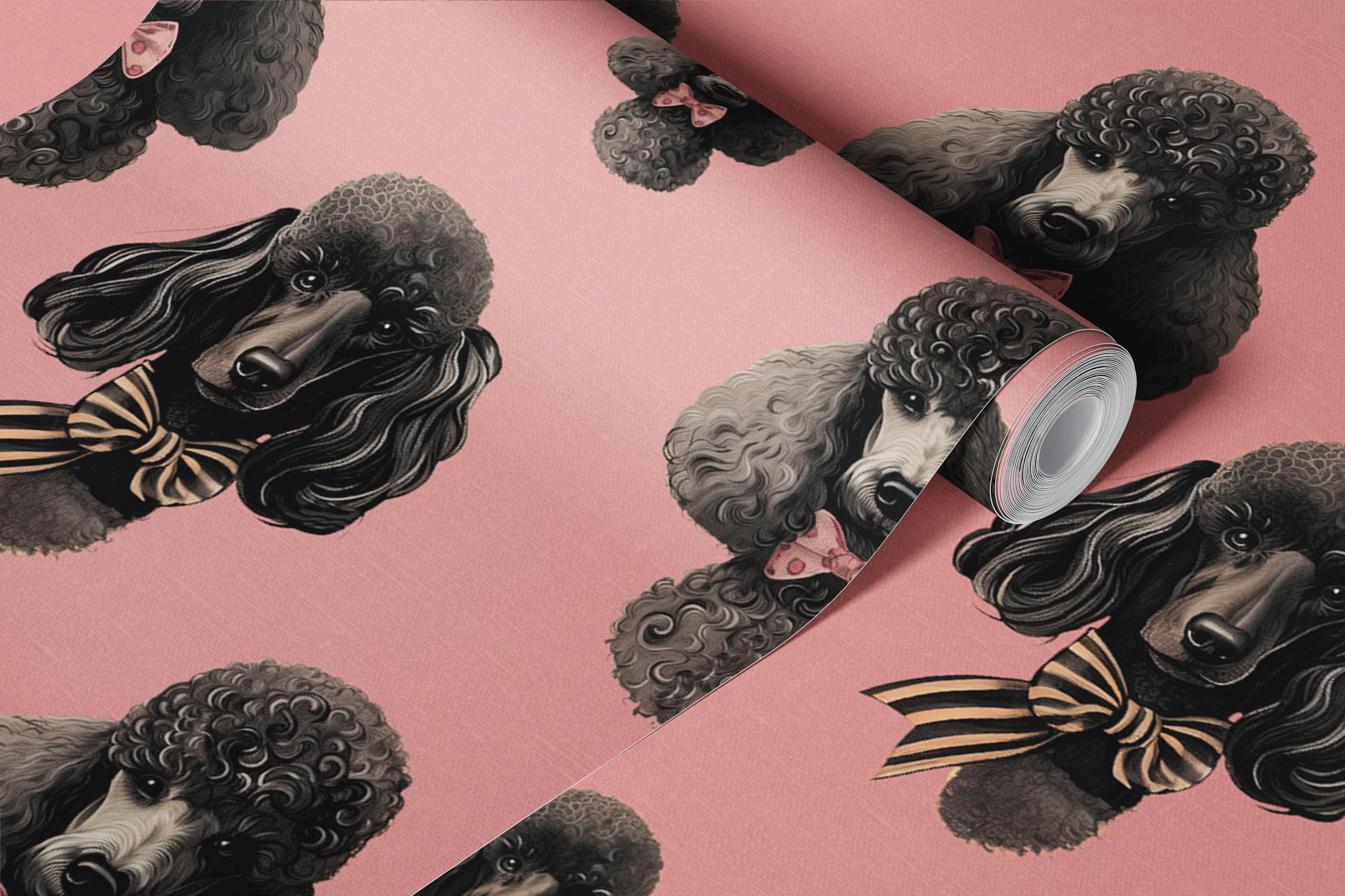 Vintage poodles with bows on a pink background wallpaper