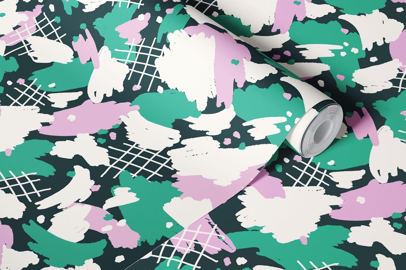 Playful Paint Splash Lilac White Dark Teal wallpaper roll