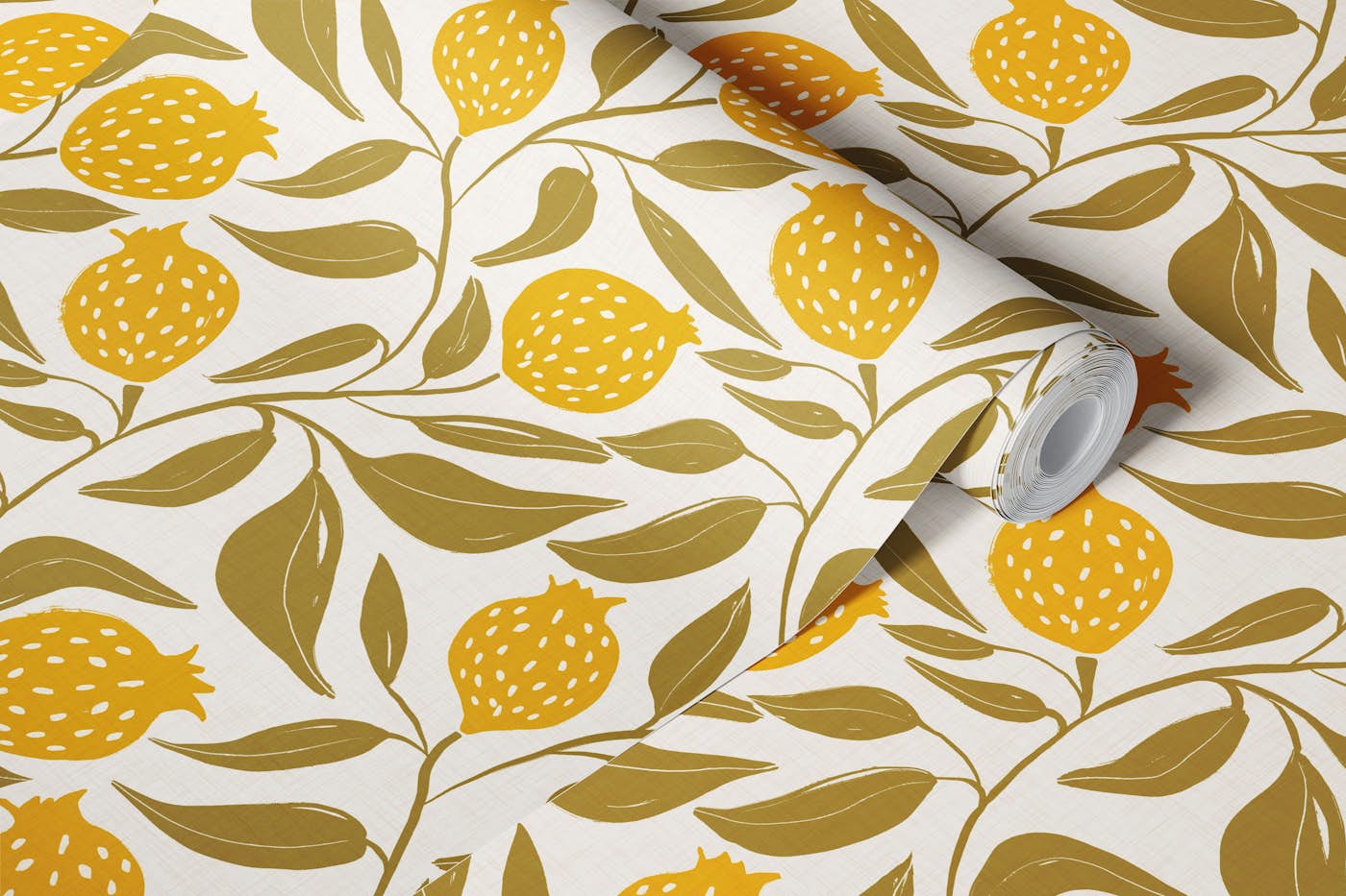 Mustard pomegranates and olive leaves wallpaper roll