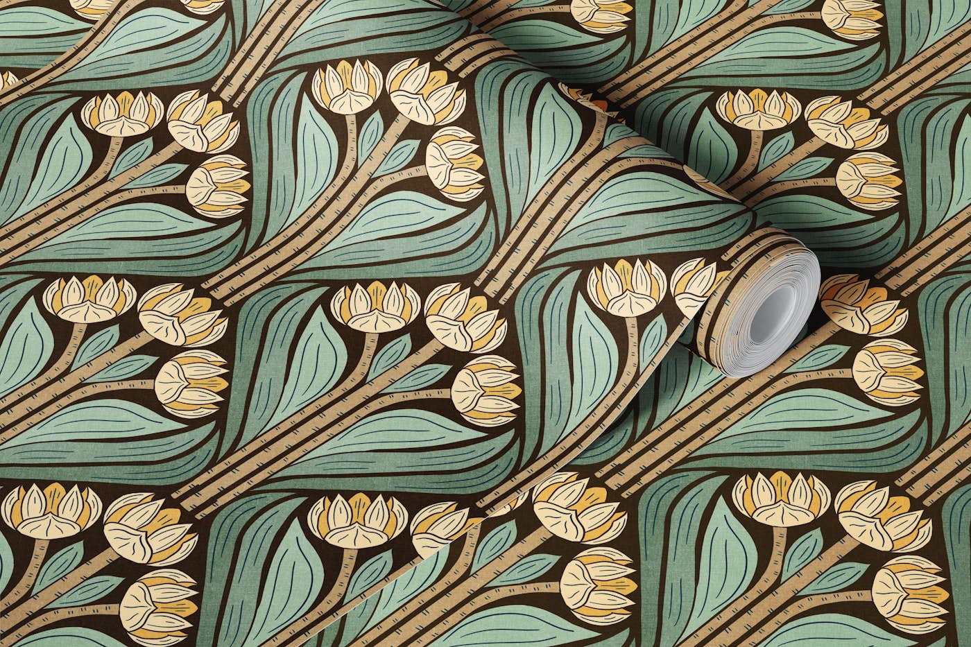 Art Deco Tulips in Sage & Golden Yellow - S wallpaper roll