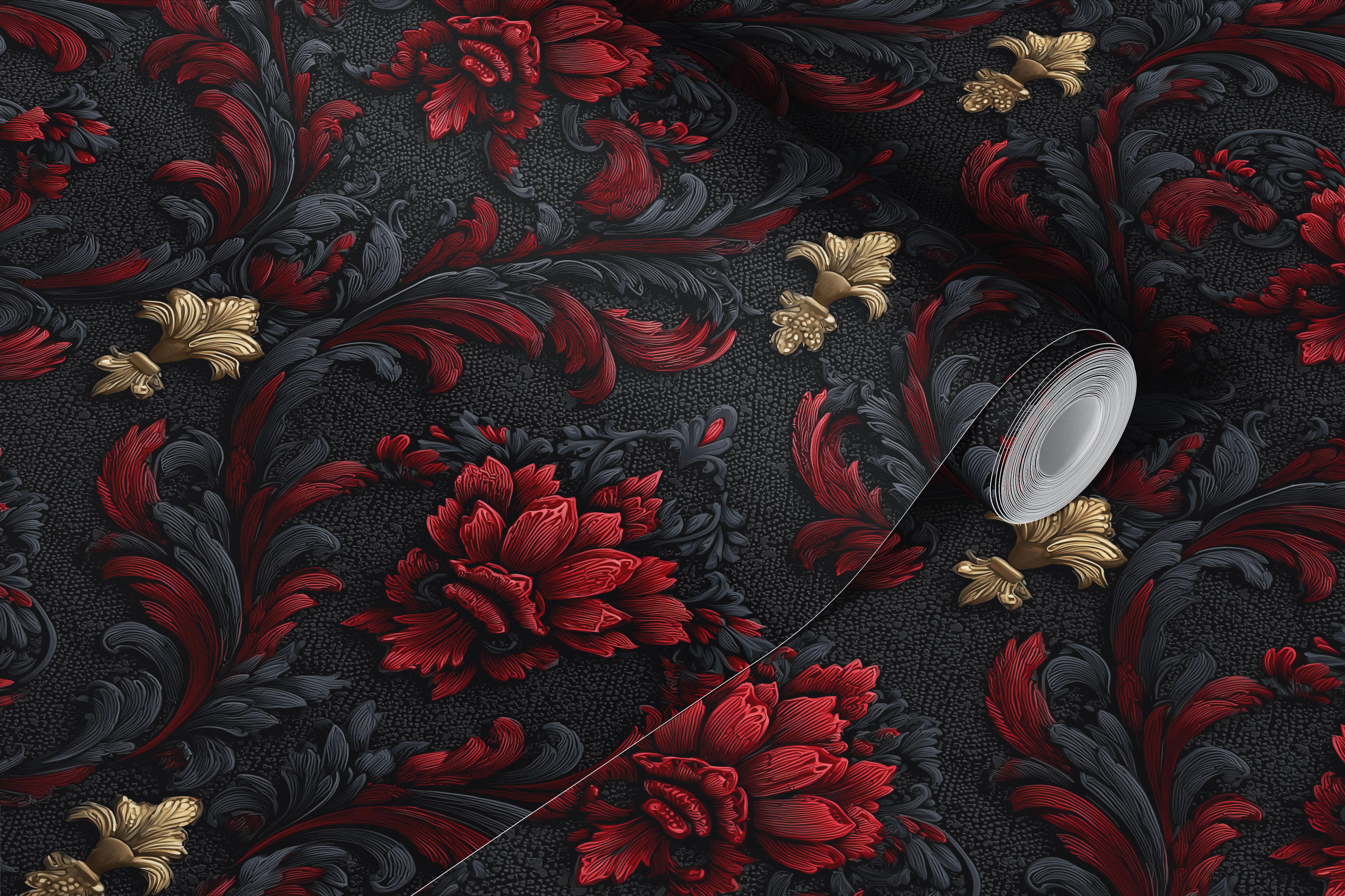 Victorian floral pattern in red and gold on black wallpaper