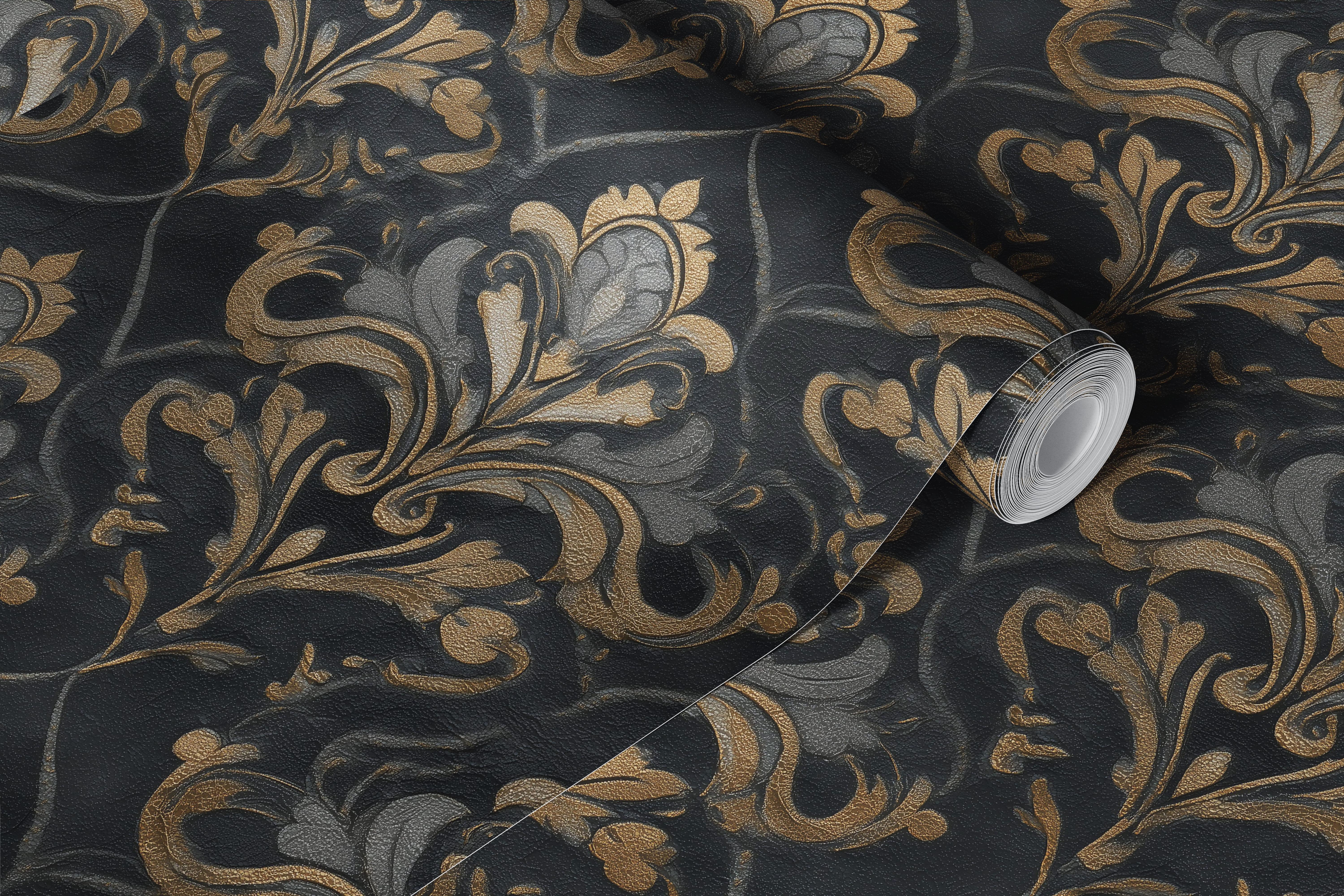 Black and gold vintage floral wall mural with ornate patterns