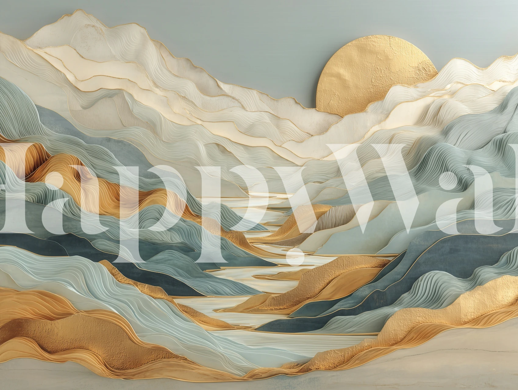 Layered mountain landscape in blue, beige, and gold wallpaper