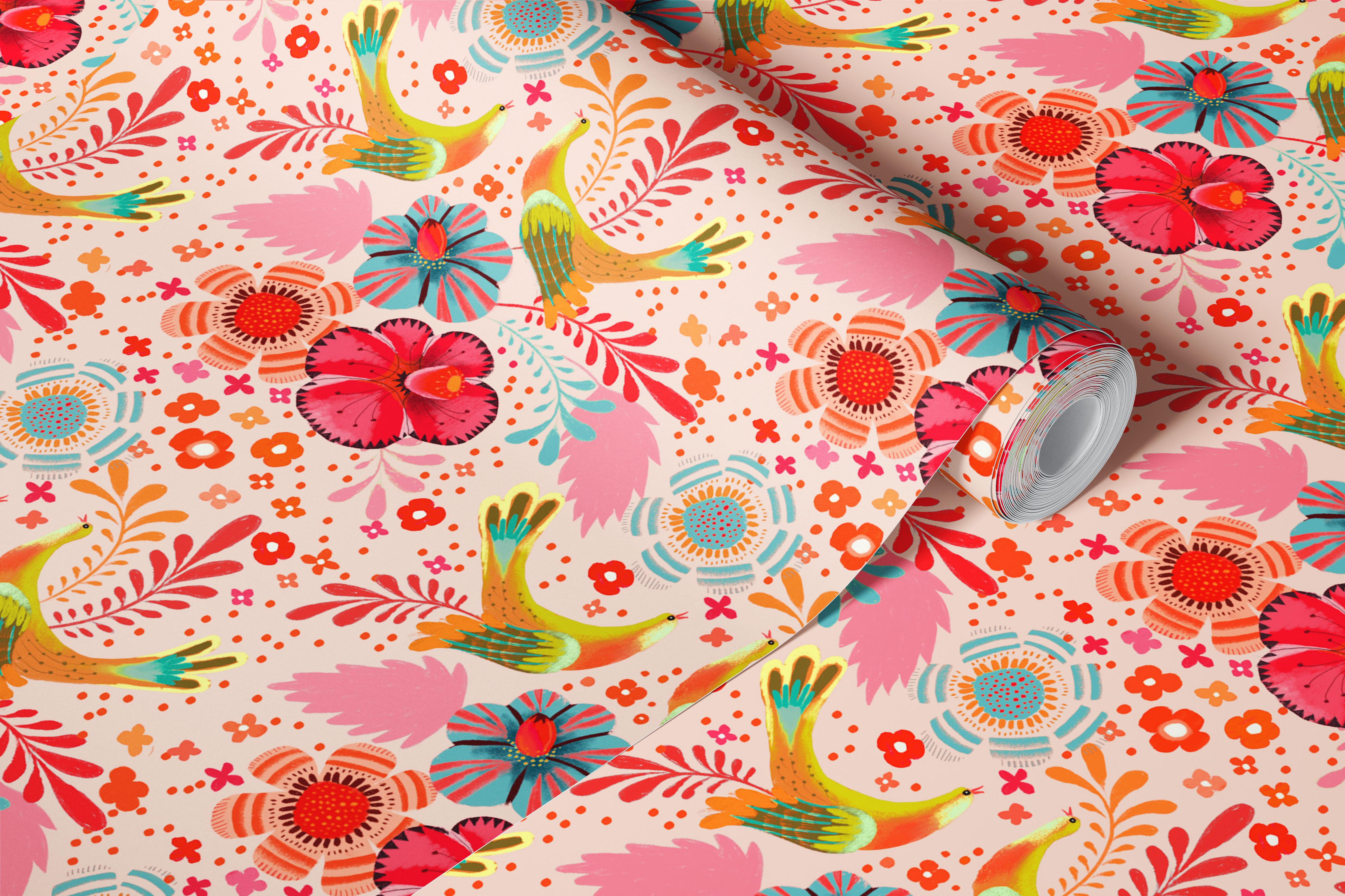 Folk art love birds and roses wallpaper in a room