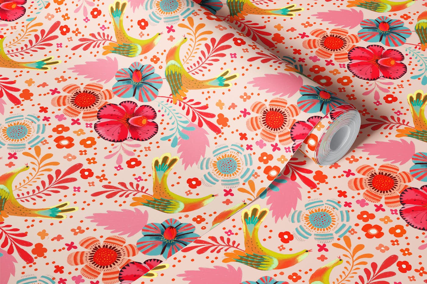 folk art love birds rose wallpaper roll