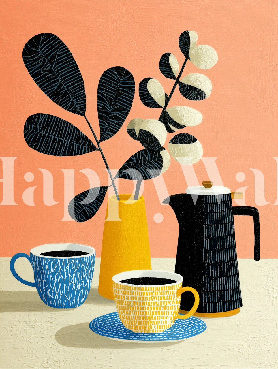 Coffee cups, black pot, and leaves on pink background wallpaper