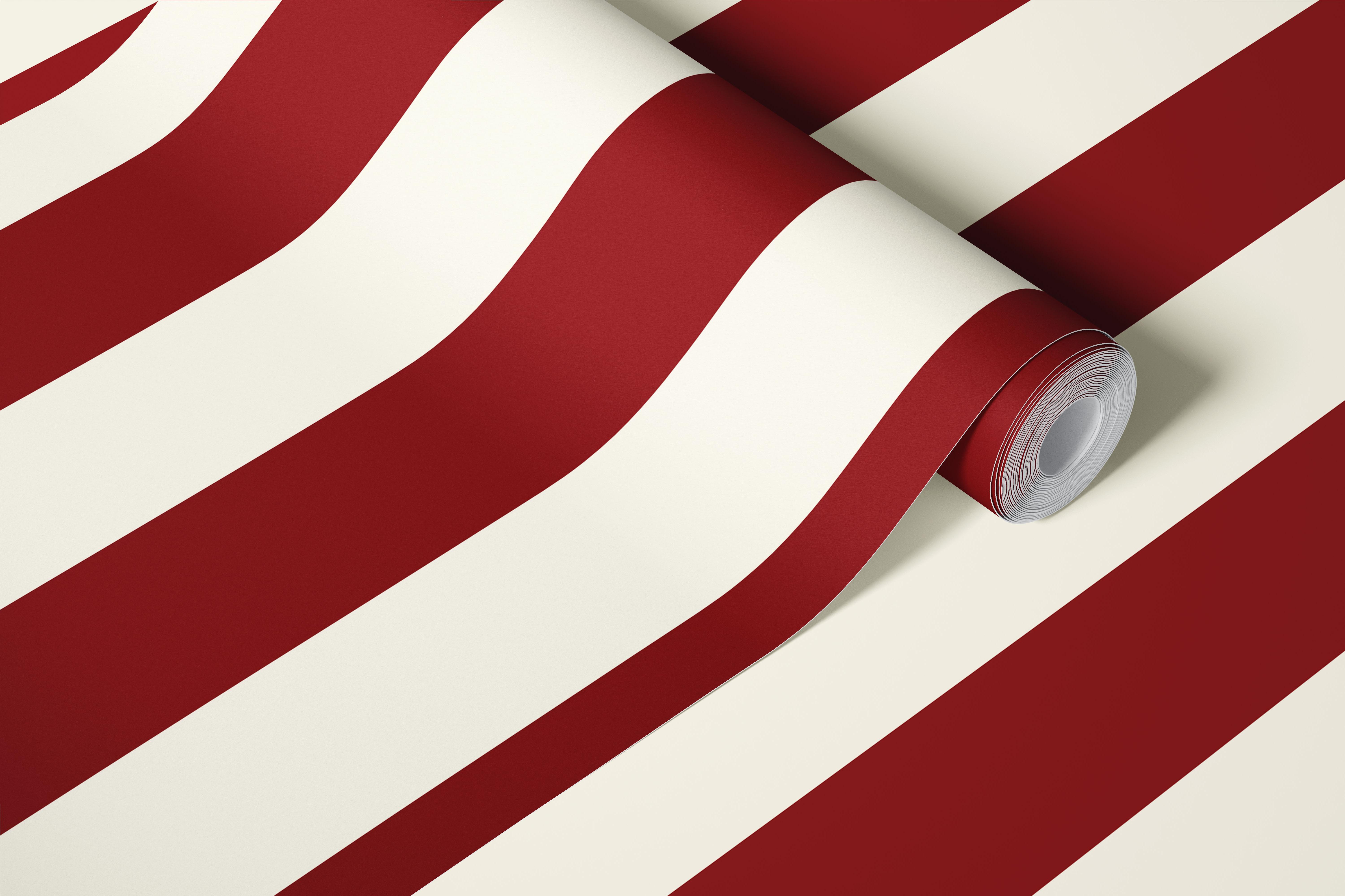 Deep cherry red and off-white striped wallpaper