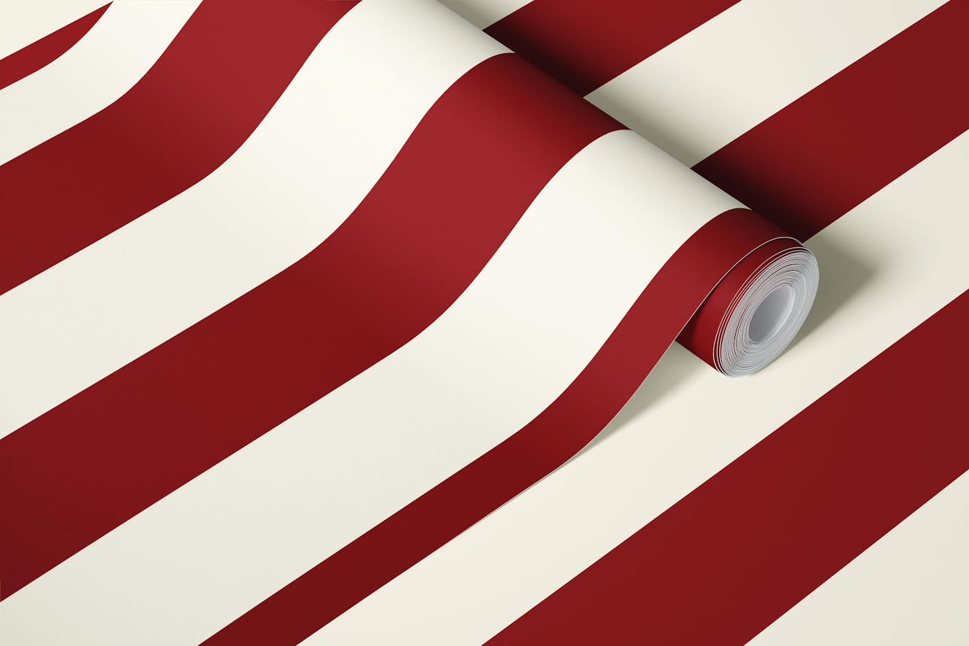 Deep Cherry red and off white awning stripe wallpaper roll