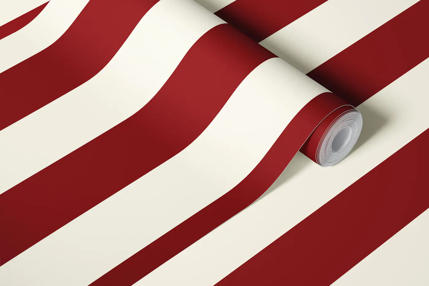 Romantic awning stripe cherry red and ivory wallpaper roll