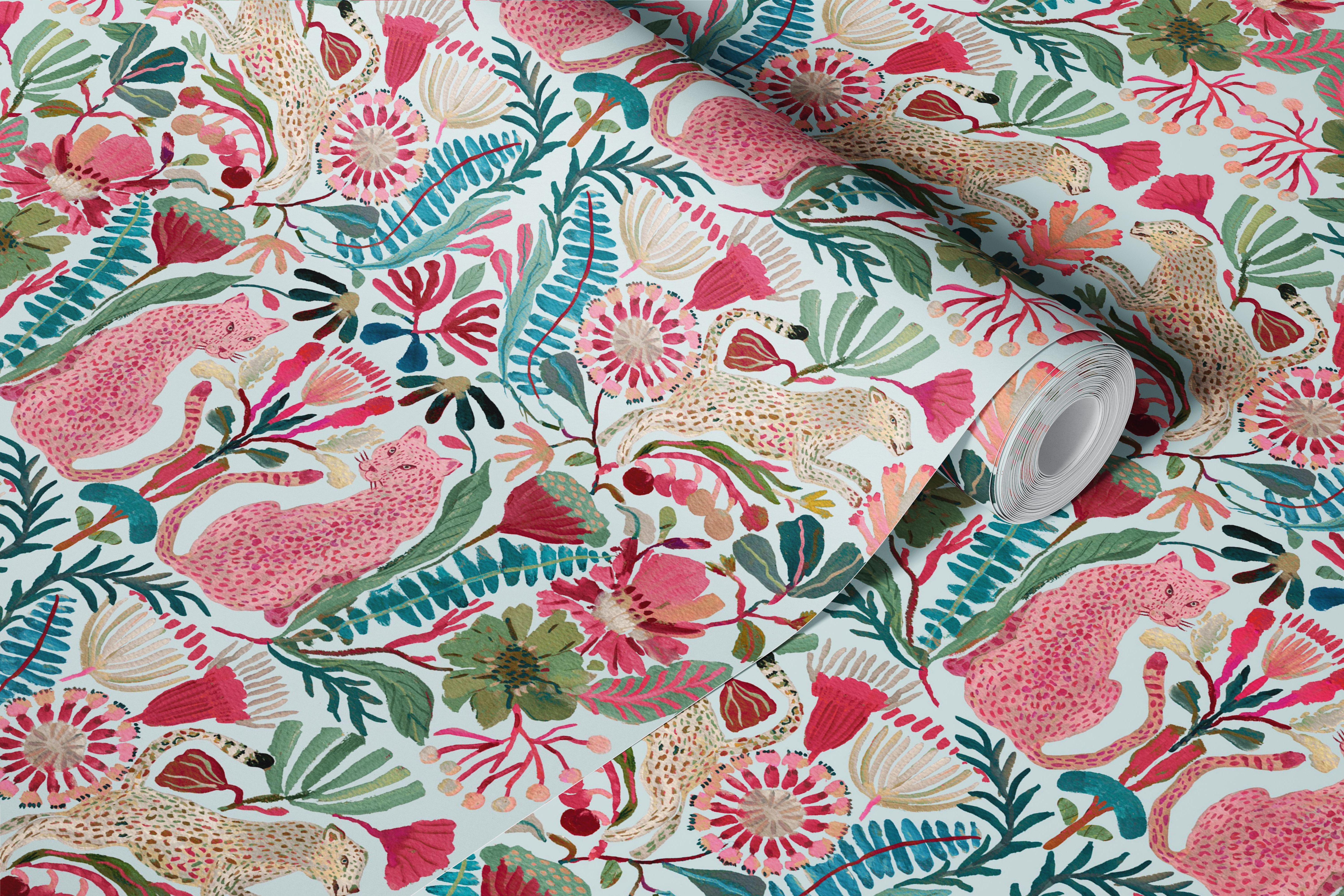 Detailed illustration of big cats and blooms on teal background wallpaper