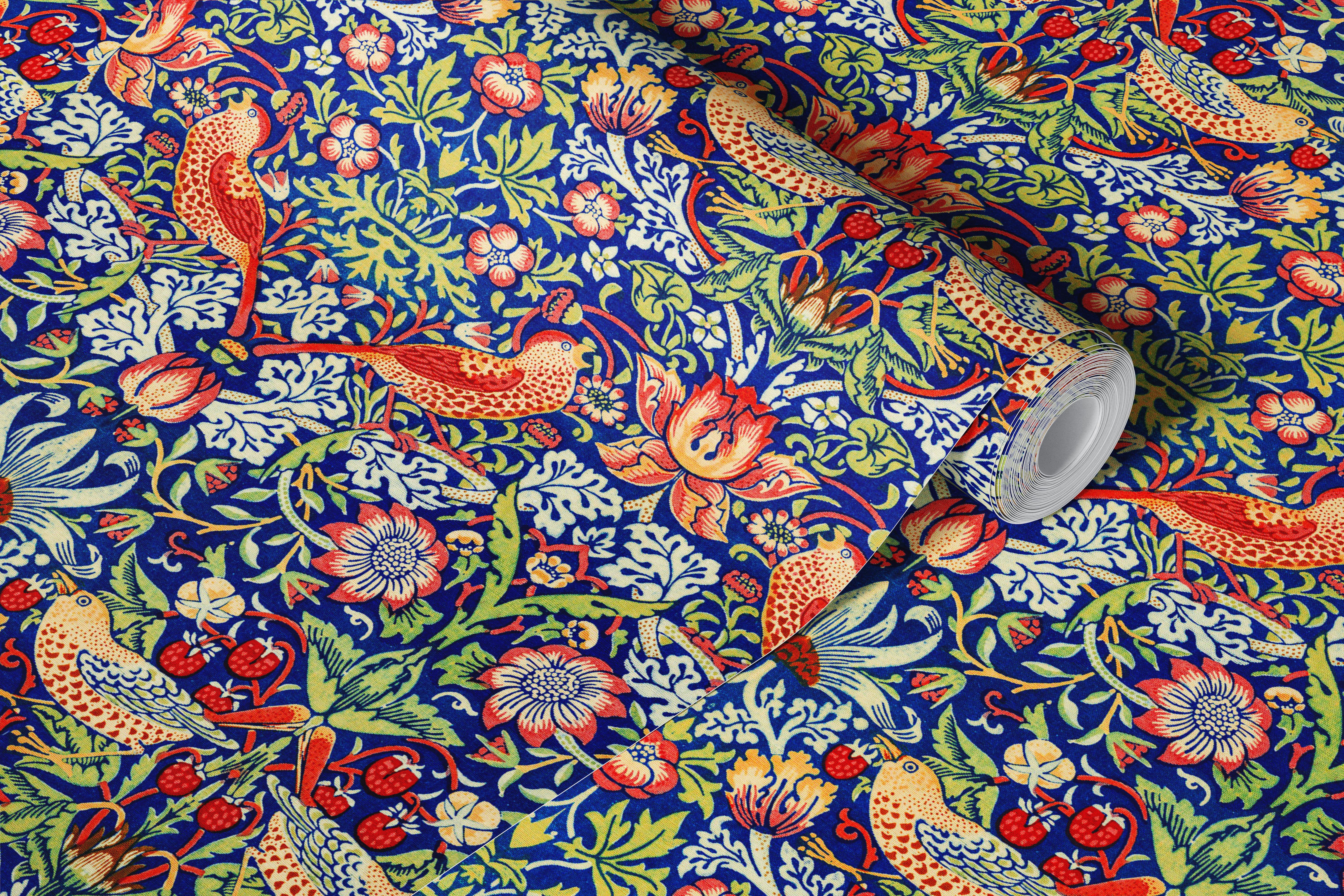 Colorful floral and bird pattern wallpaper on blue background