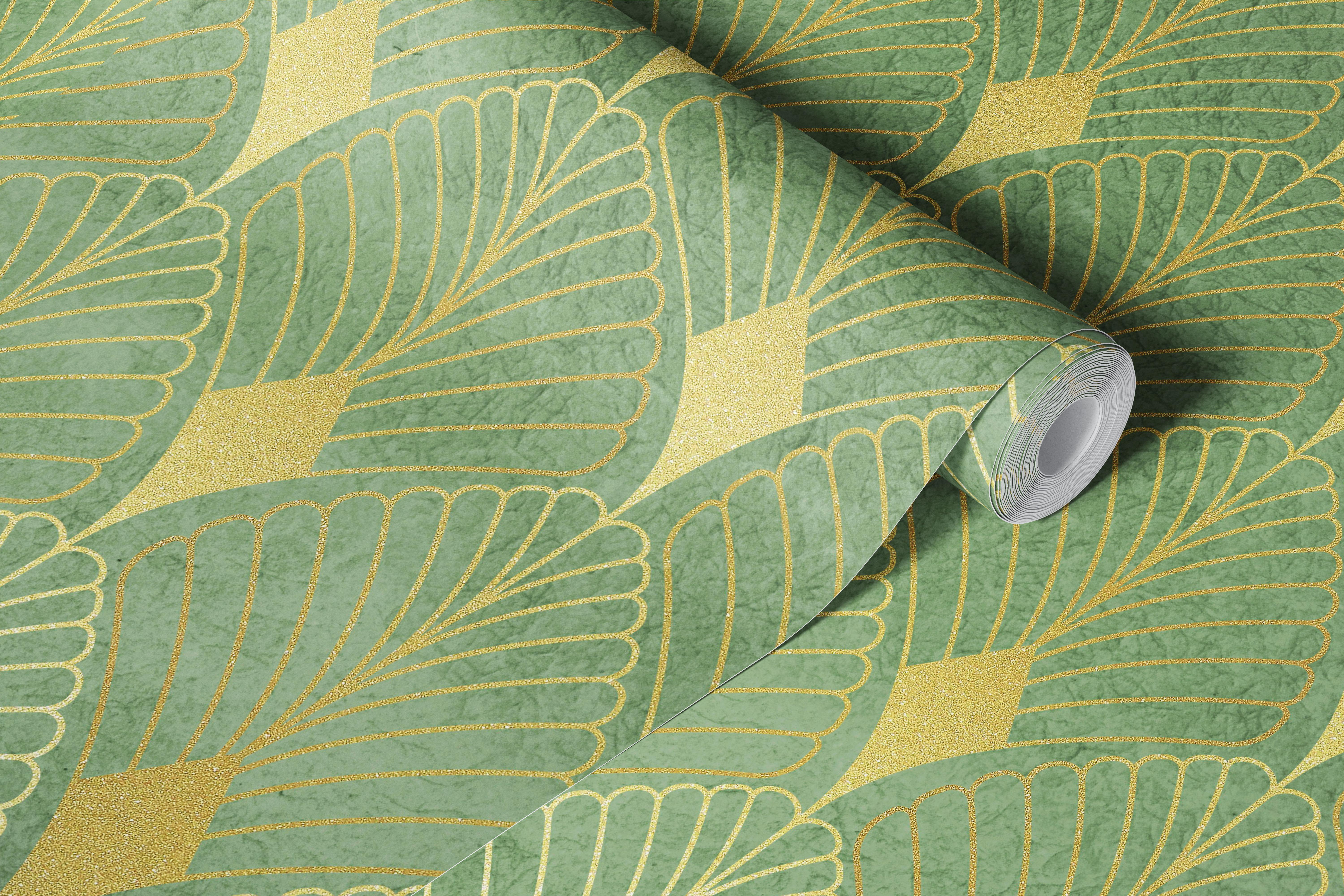 Gold leaves and geometric patterns in green background wallpaper