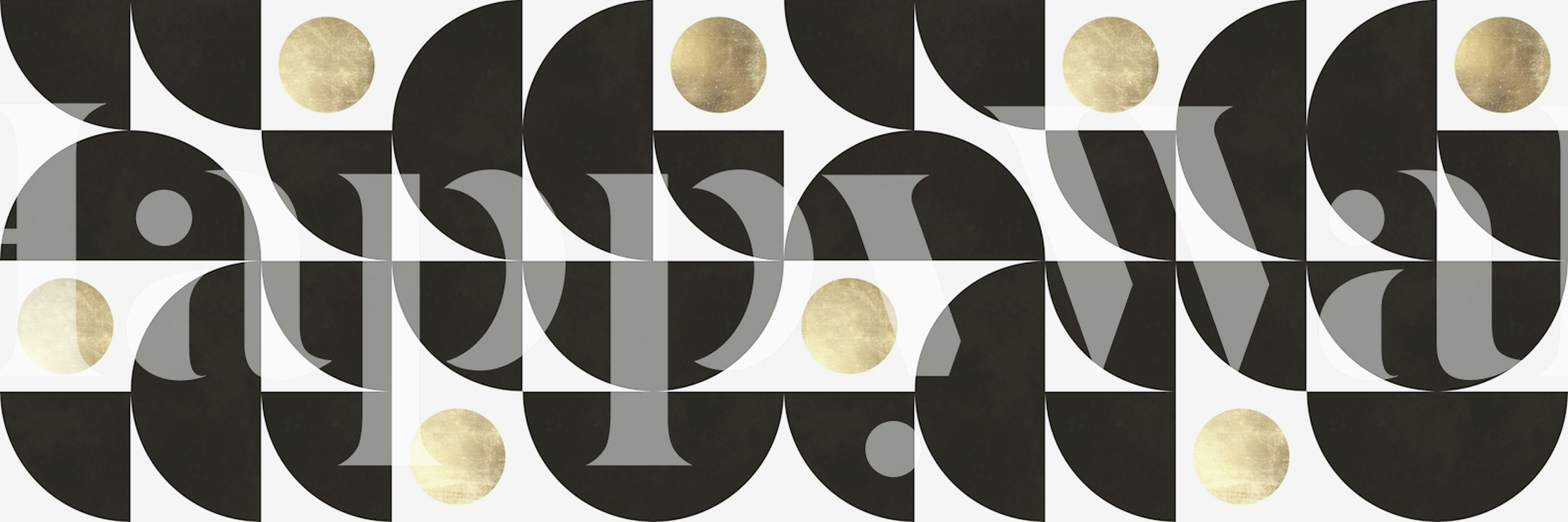 Geometric pattern with black shapes and gold circles wallpaper