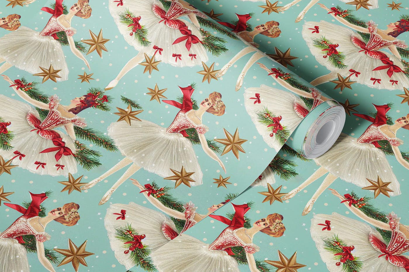 Vintage Nutcracker Ballerina Charm Teal wallpaper roll