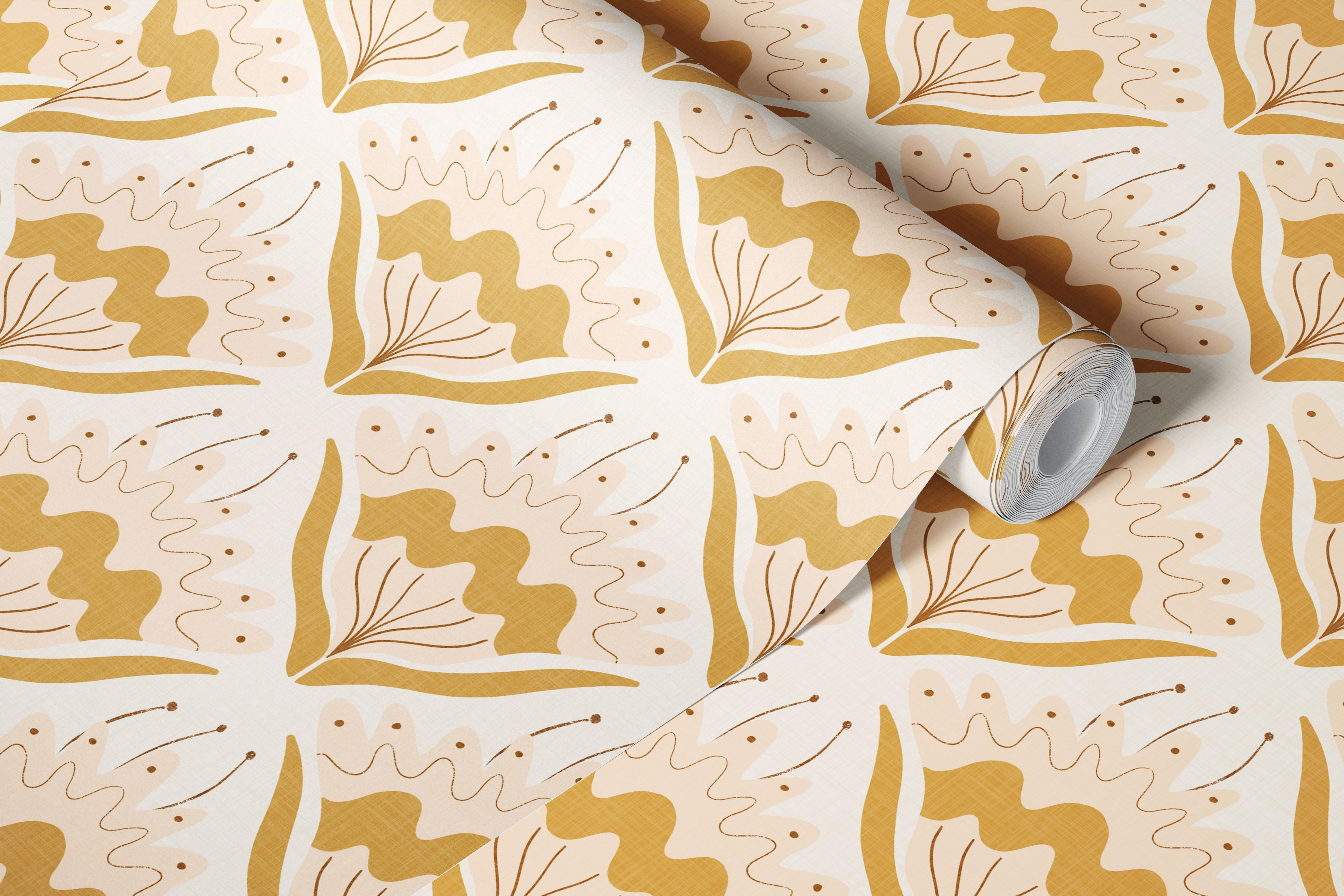 Floral patterns in cream, gold, and pink on a wallpaper