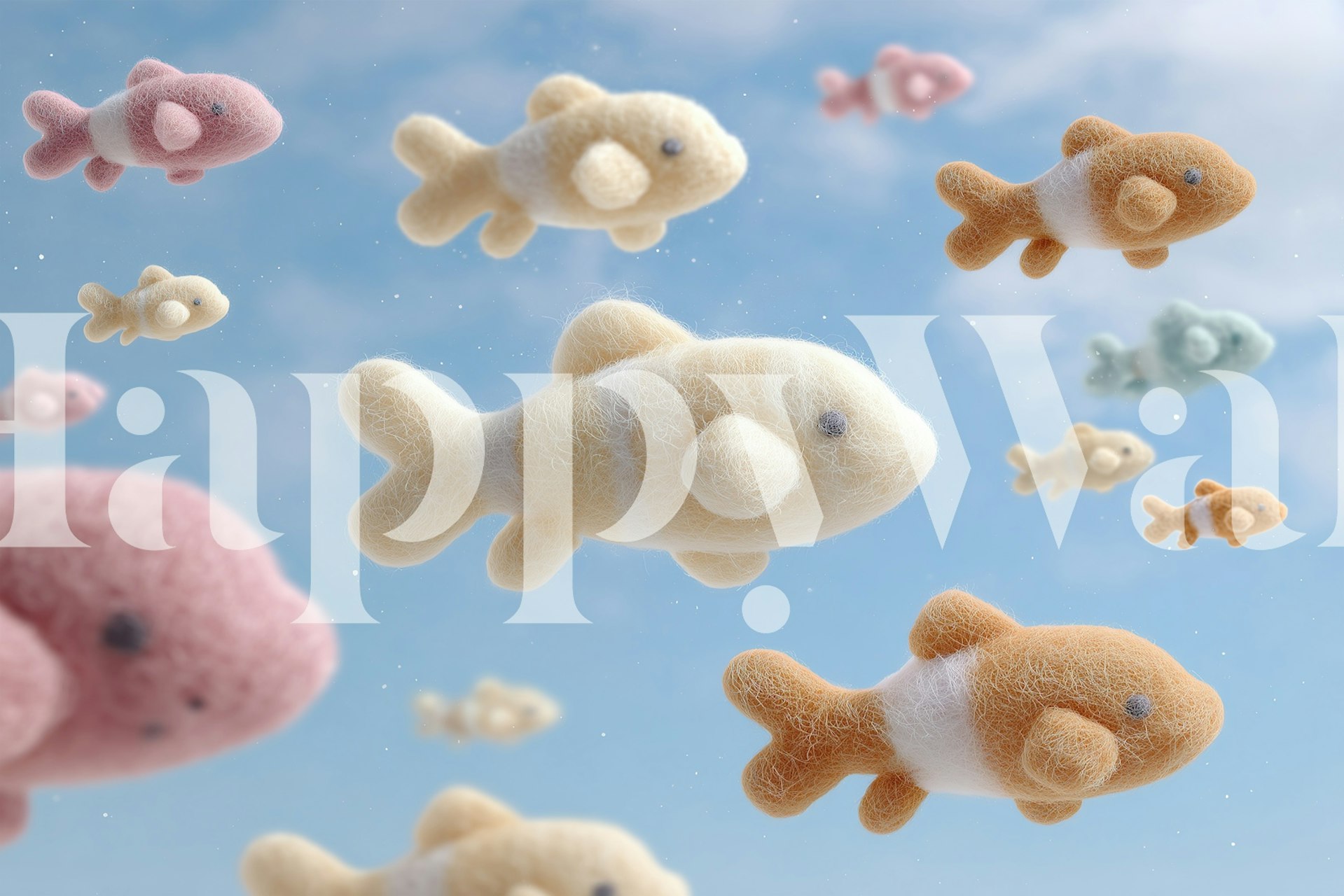 Whimsical felt fish in pastel colors swimming in a blue sky wallpaper