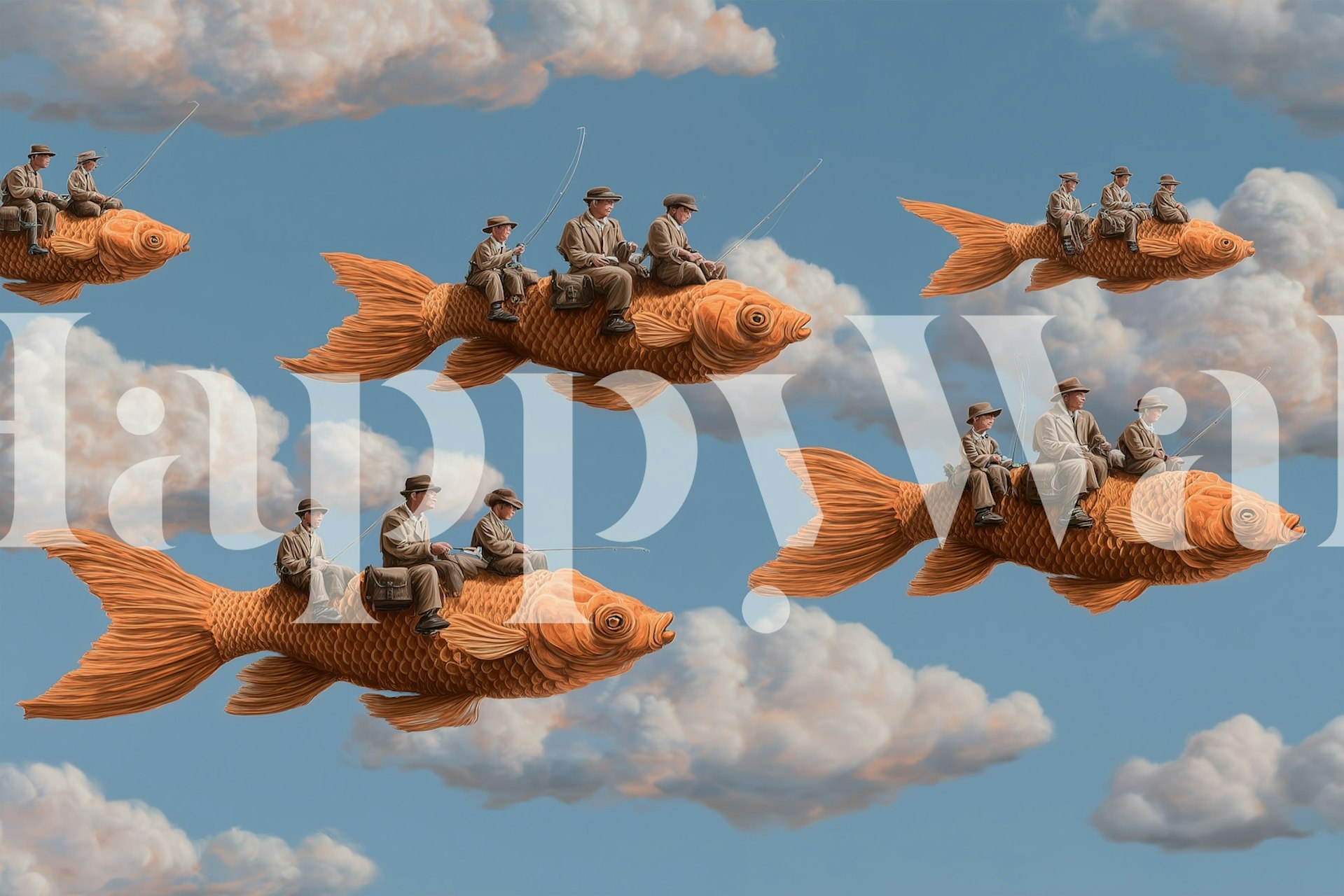Papel de parede divertido com fish e Riders in the Sky nas nuvens