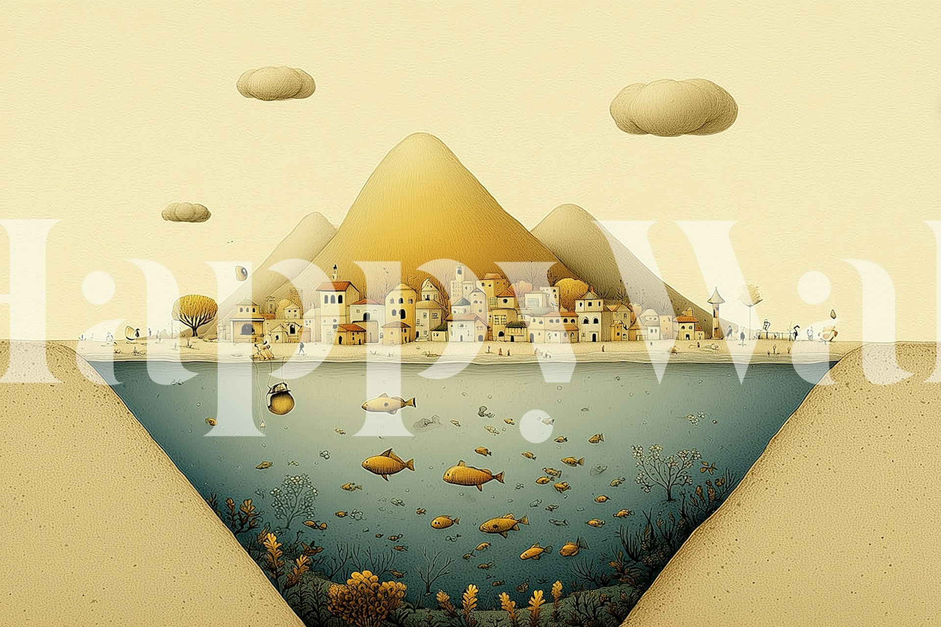 Underwater village and mountain scene wallpaper