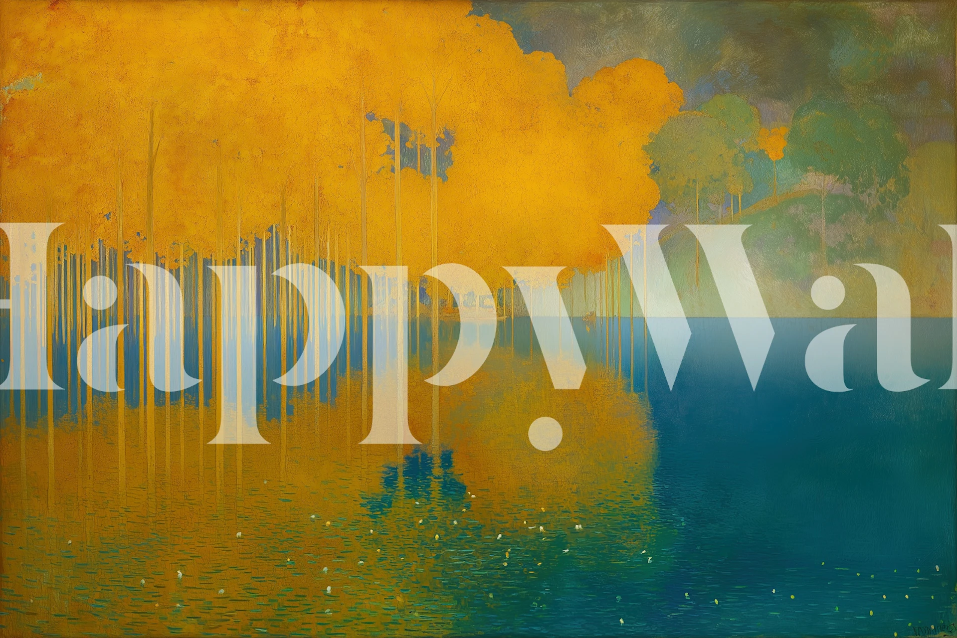 Autumn trees in bright yellow reflected in blue water wallpaper