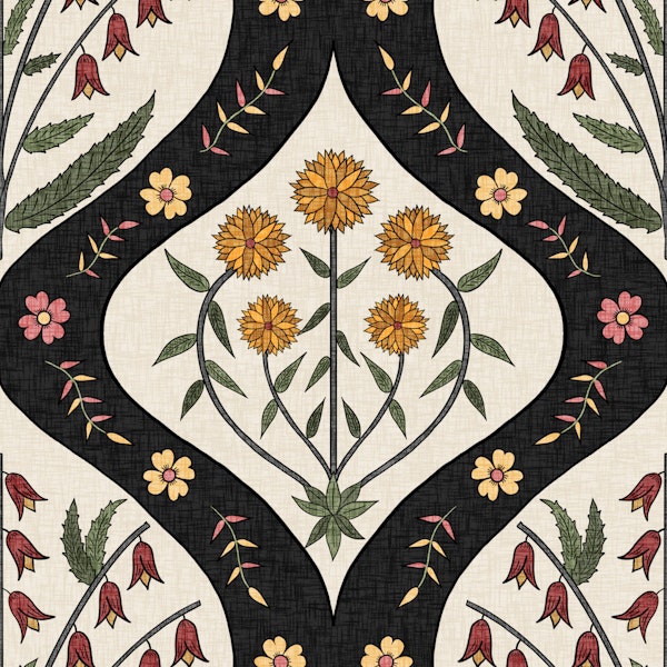 Arabesque in Charcoal & Marigold on Ivory