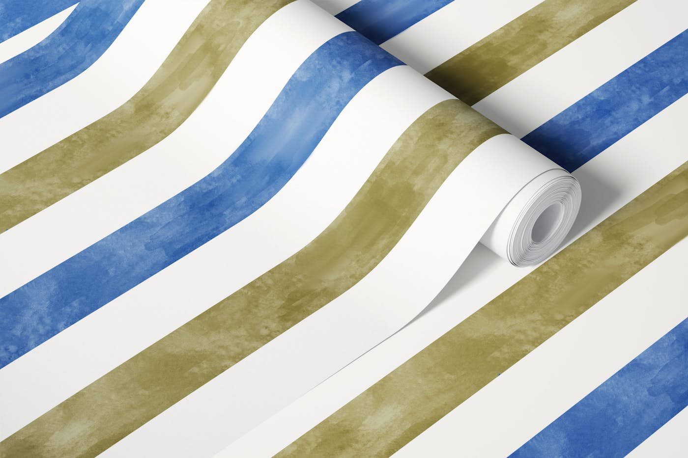Blue Olive Watercolor Cabana Stripes wallpaper roll