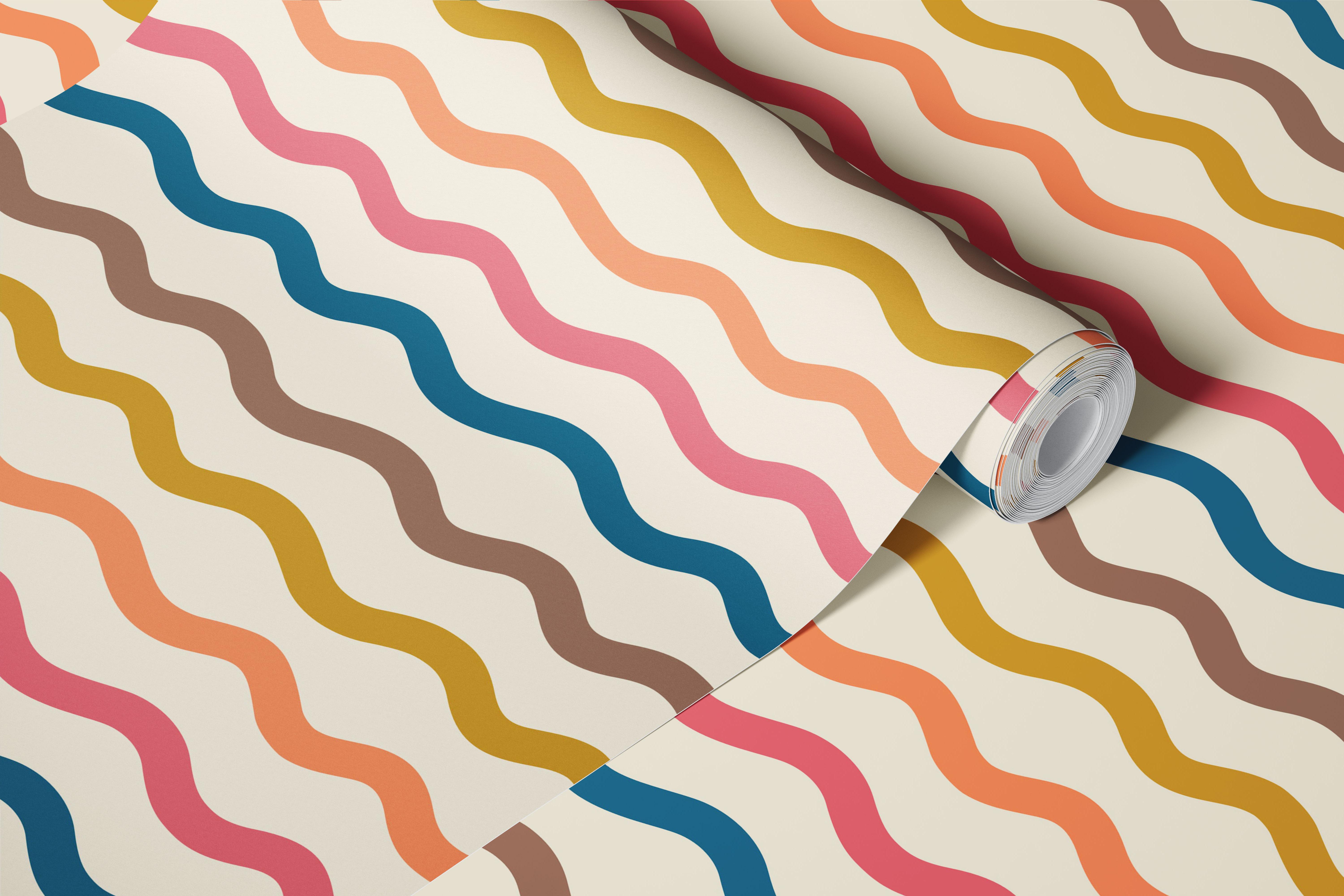 Colorful wavy pattern in pastel shades of blue, brown, yellow, pink wallpaper