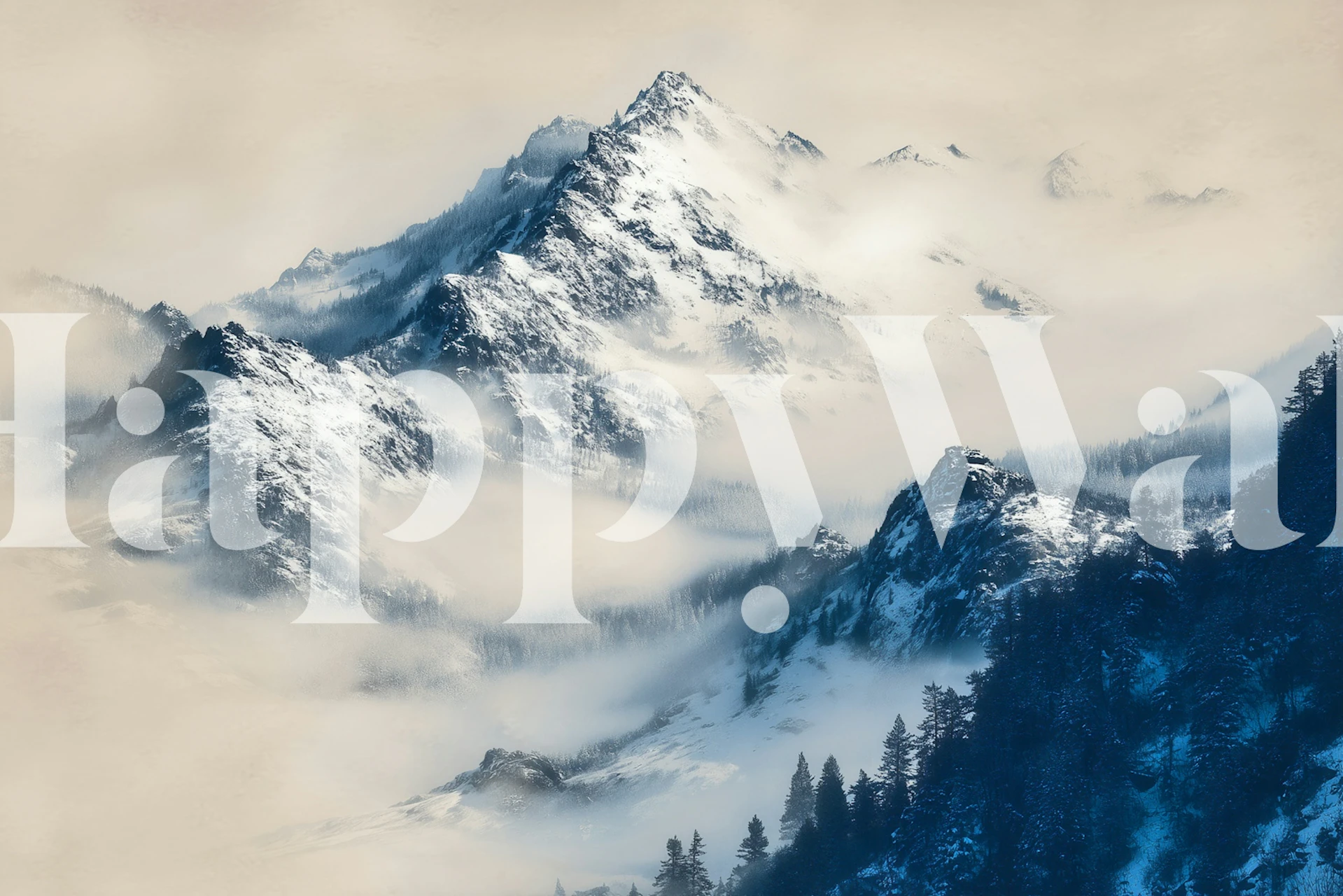 Mountain landscape with mist and trees, blue tones wallpaper