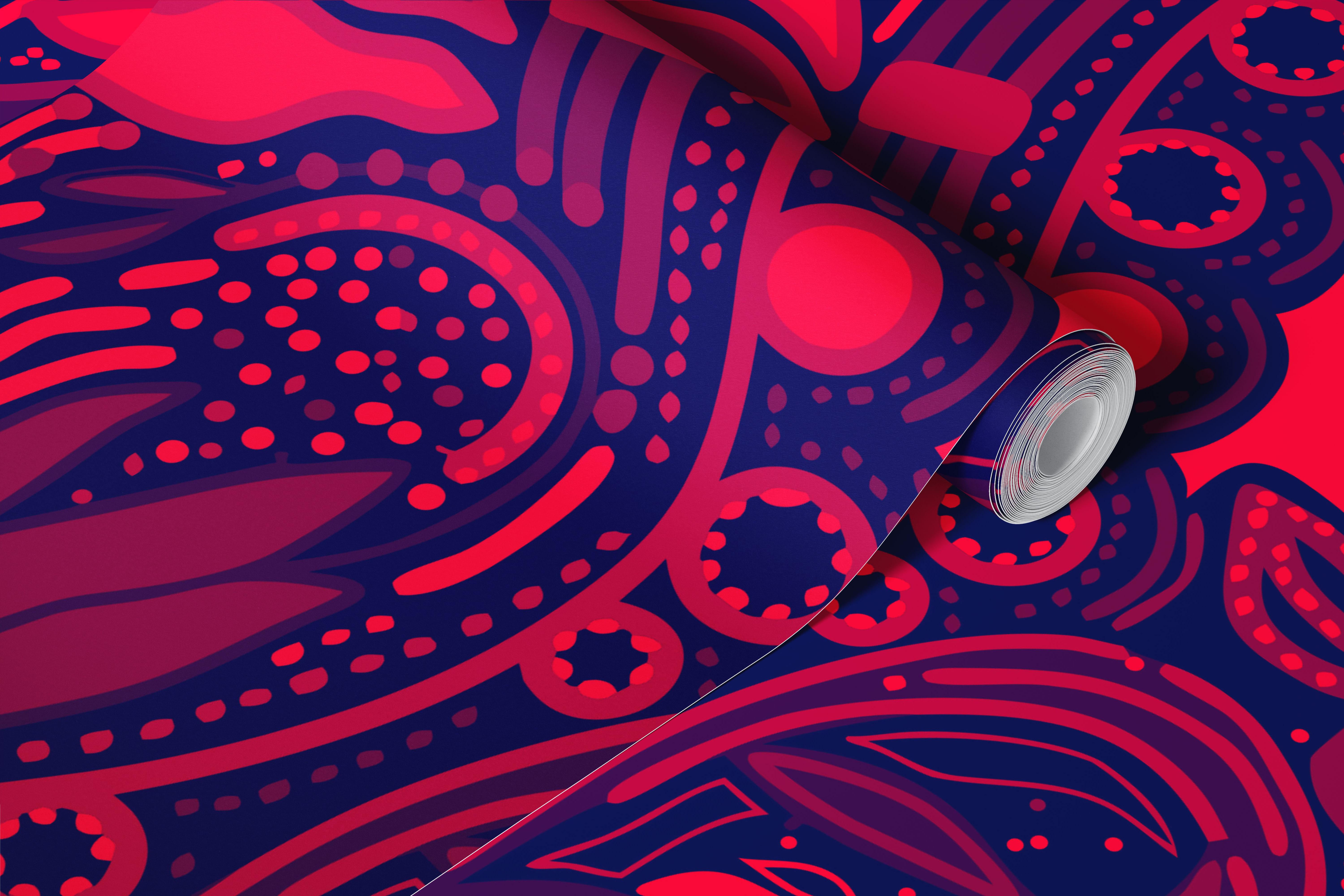 Dark floral abstract patterns in red and navy wallpaper