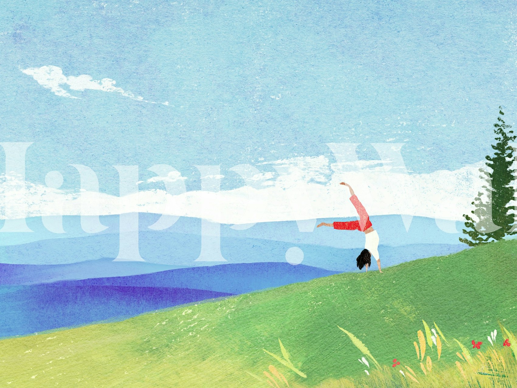 Colorful outdoor landscape with a figure doing a cartwheel in green grass and blue mountains wallpaper